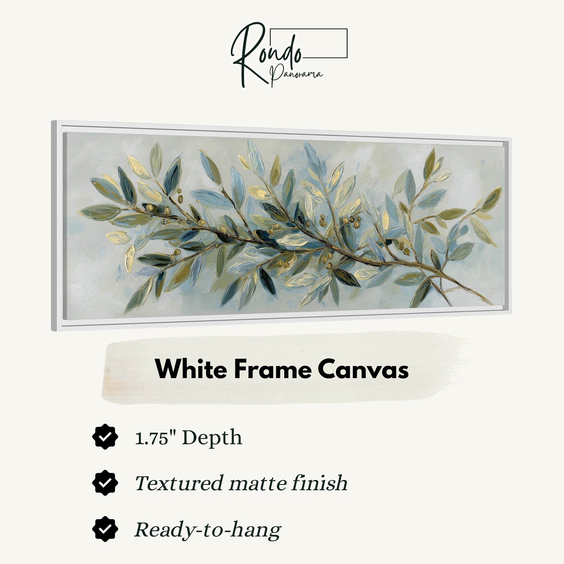 The image is a white frame canvas with a painting of green leaves and branches.