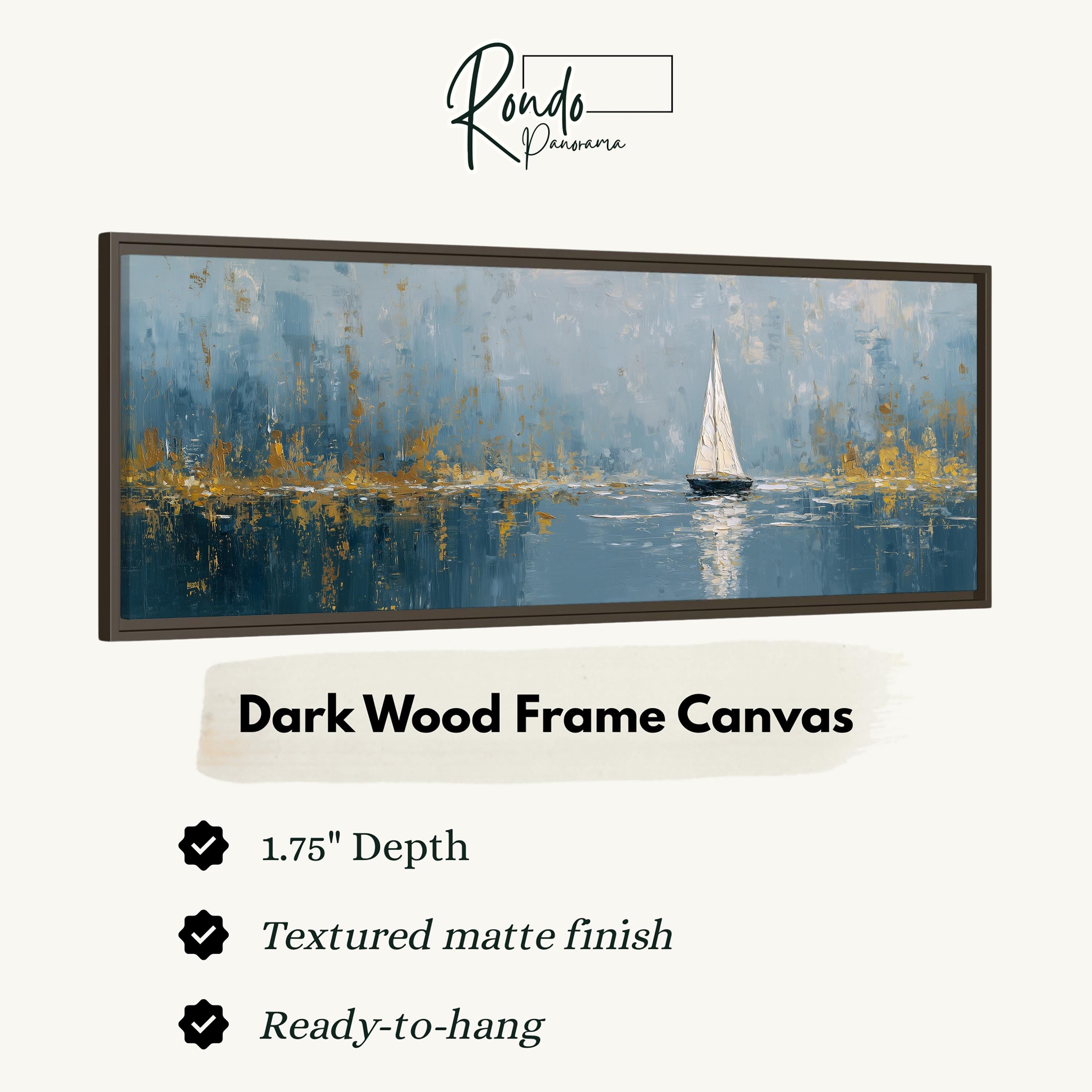 The image is a framed artwork depicting a sailboat on a body of water, with a dark wood frame.