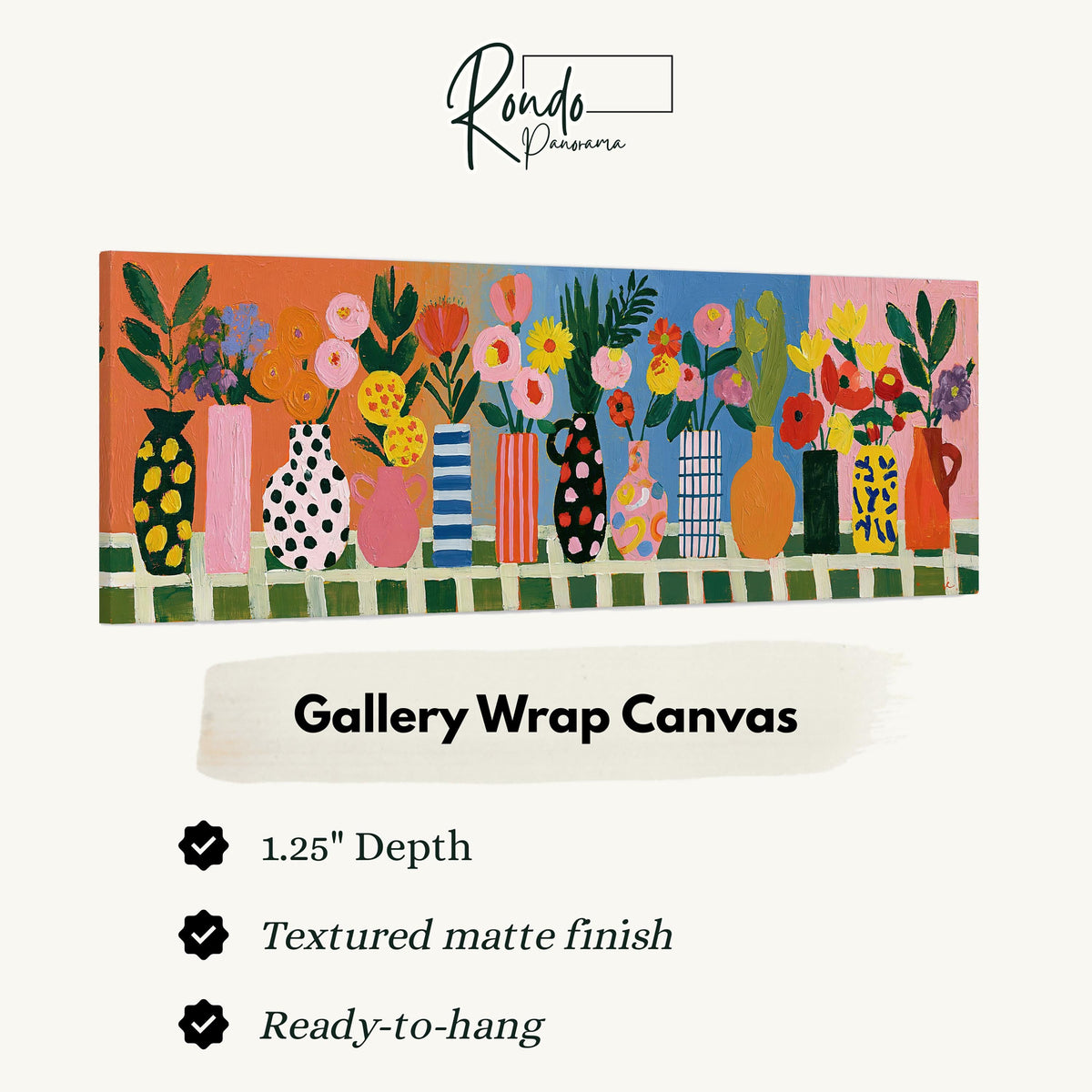 Patterned vases with bright bouquets gallery wrap canvas with the image wrapped around the edges