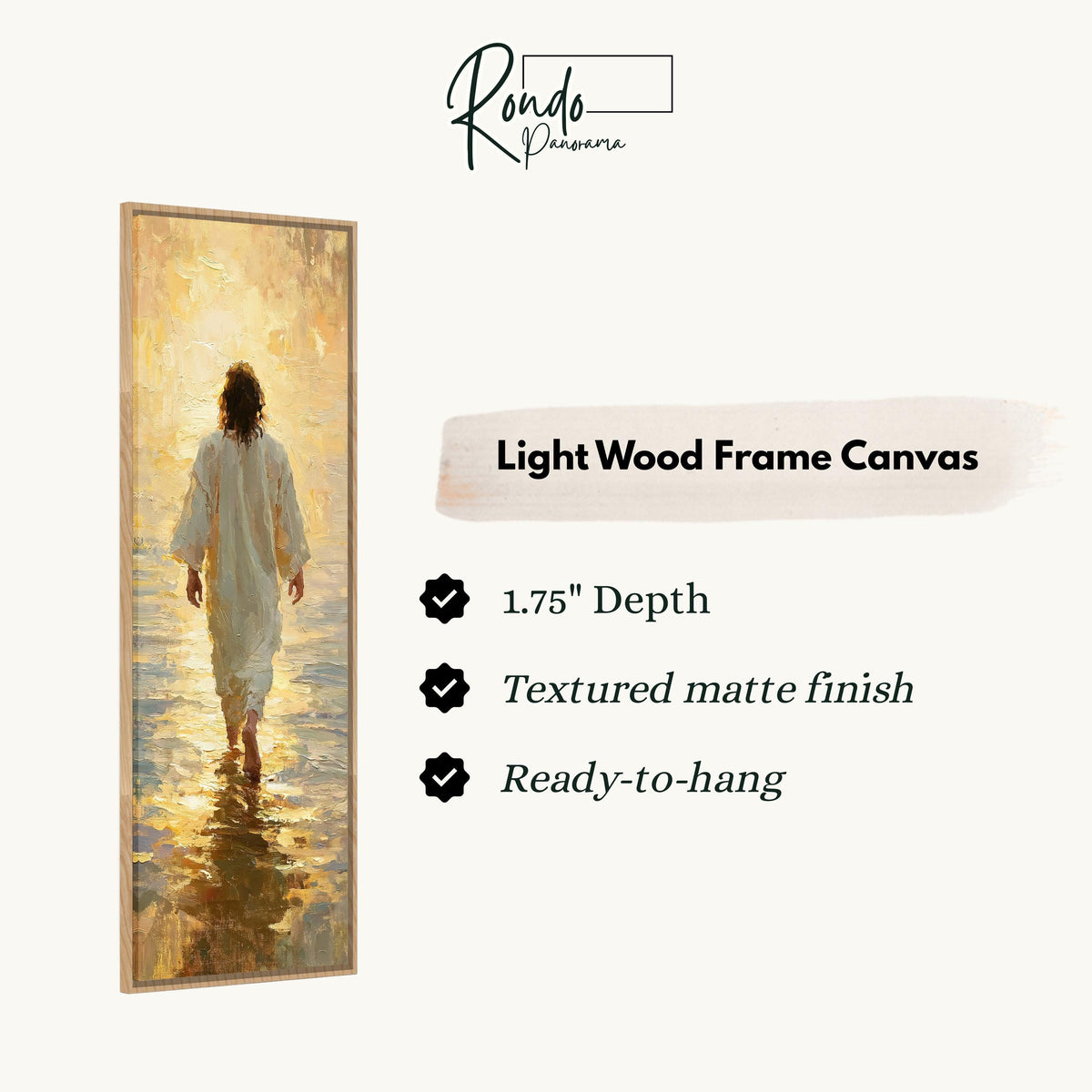 Jesus walking into golden light over water canvas print in a light wood floating frame