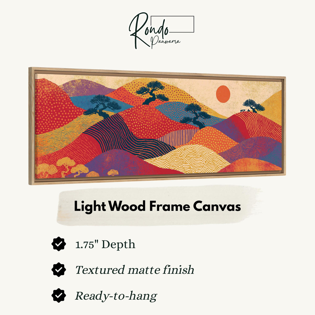 Bonsai trees on patterned hills with a red sun canvas print in a light wood floating frame