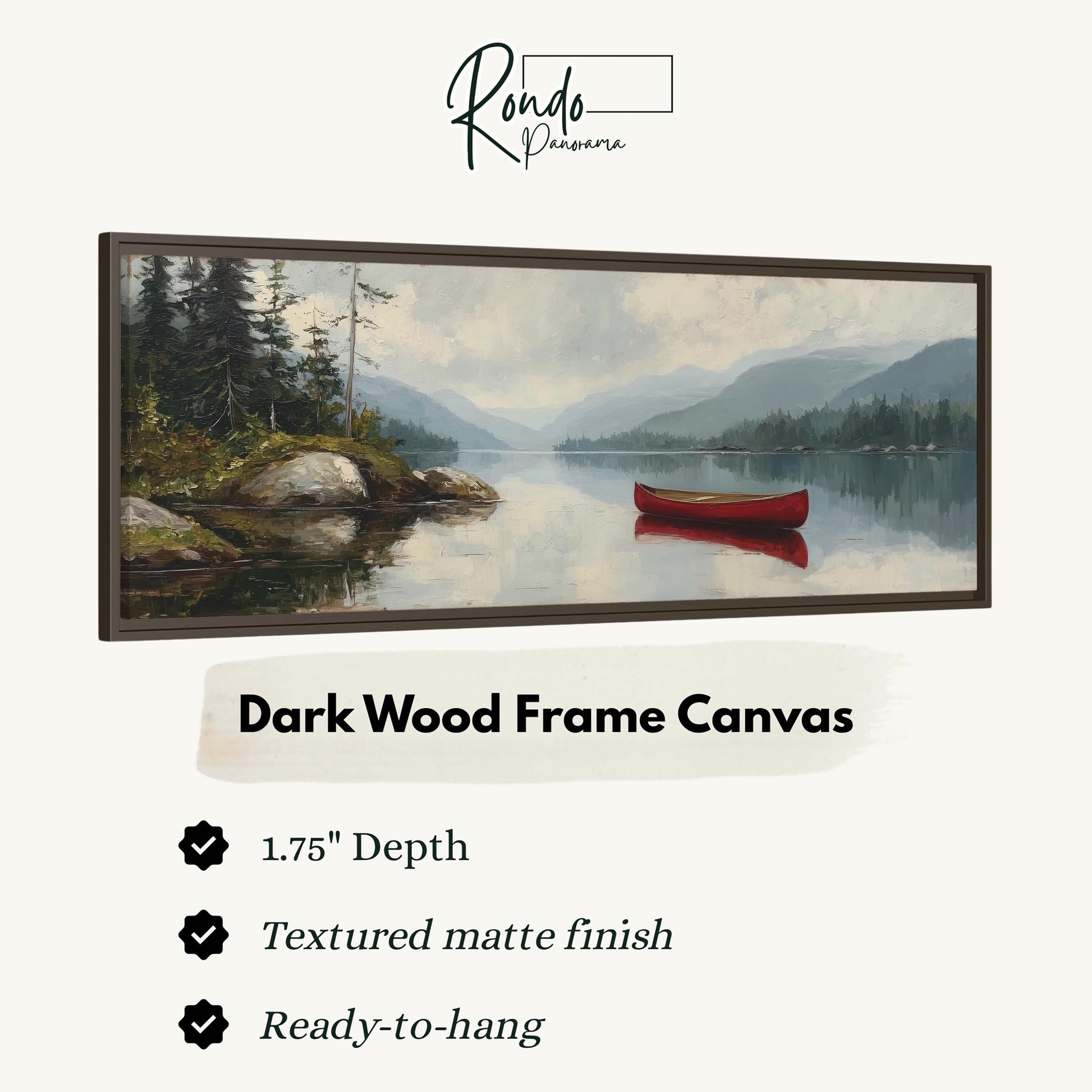 The image is a framed painting depicting a serene landscape with a red canoe on a lake surrounded by trees and mountains.