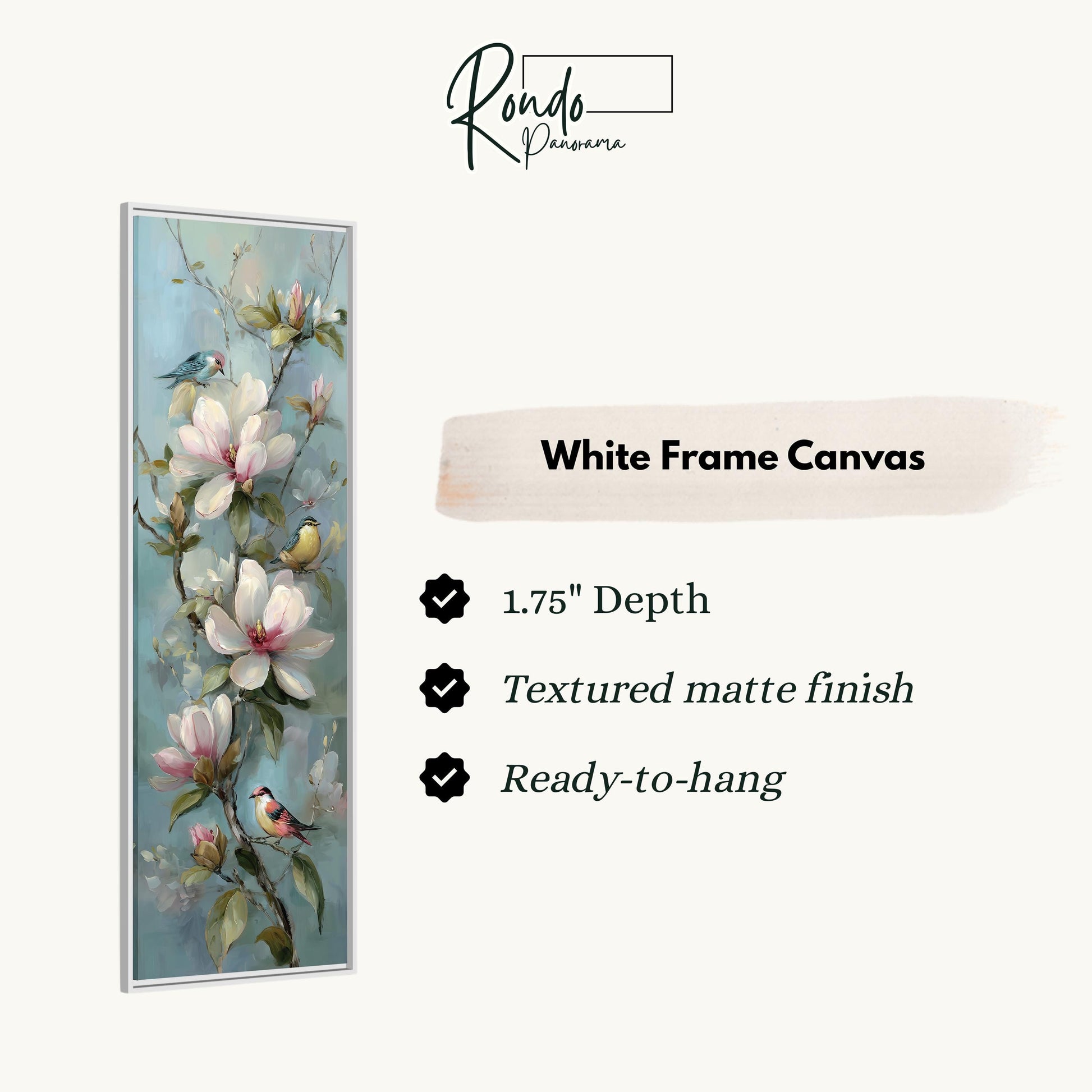 The image is a framed artwork depicting a floral scene with white flowers and birds.