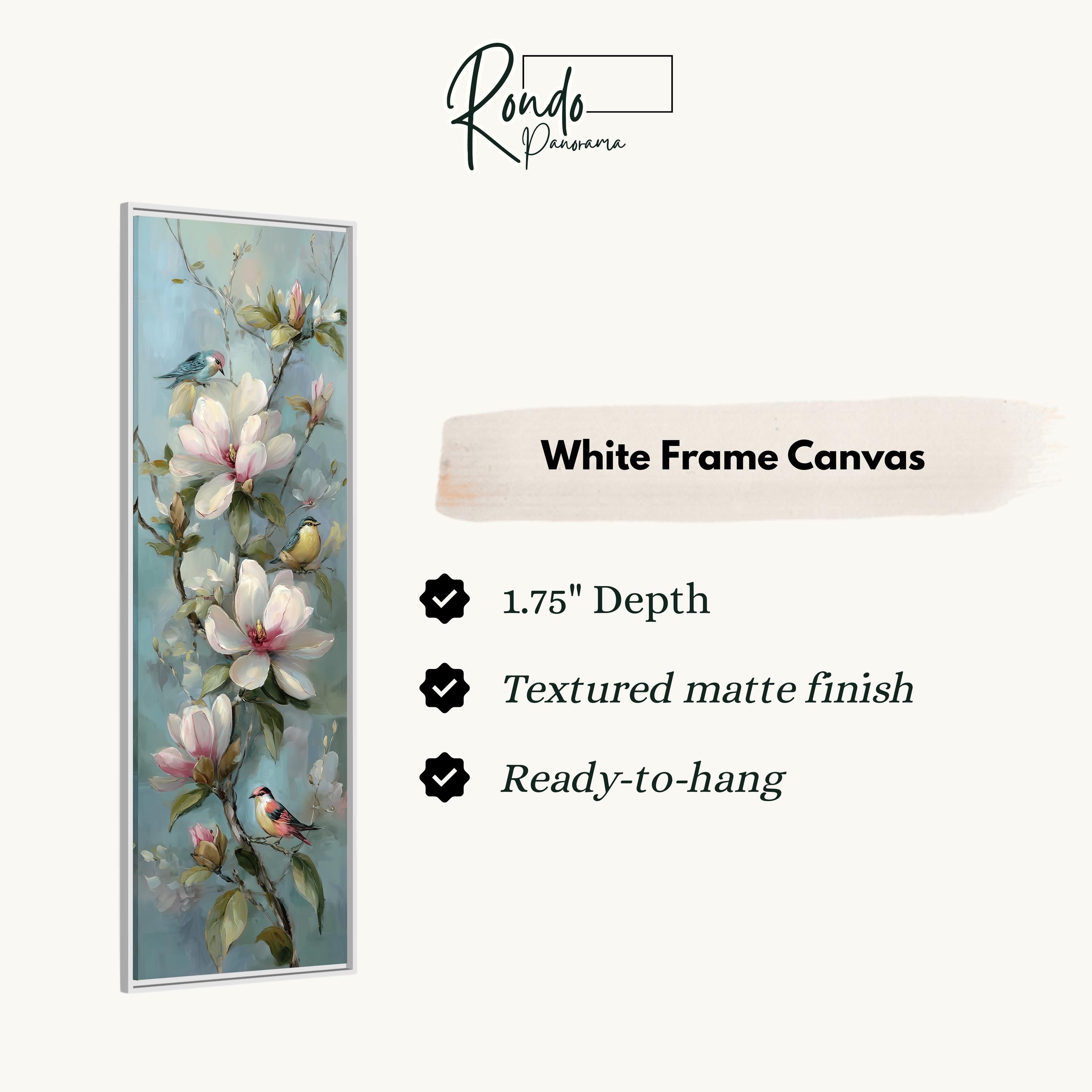 The image is a framed artwork depicting a floral scene with white flowers and birds.