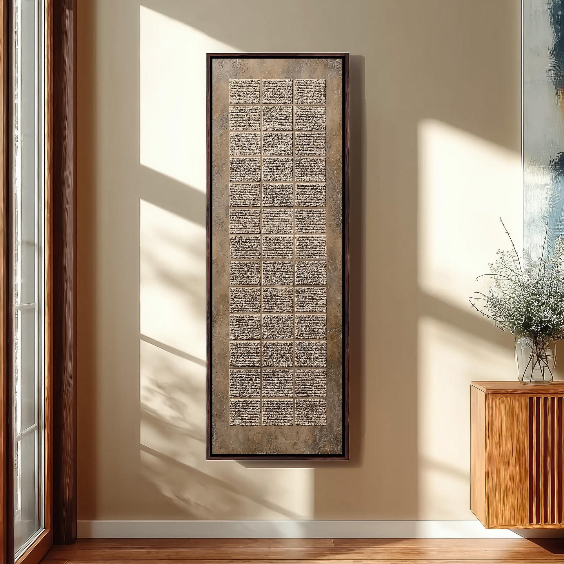 a large rectangular artwork hanging on a wall, with a wooden cabinet and a vase of flowers placed next to it.