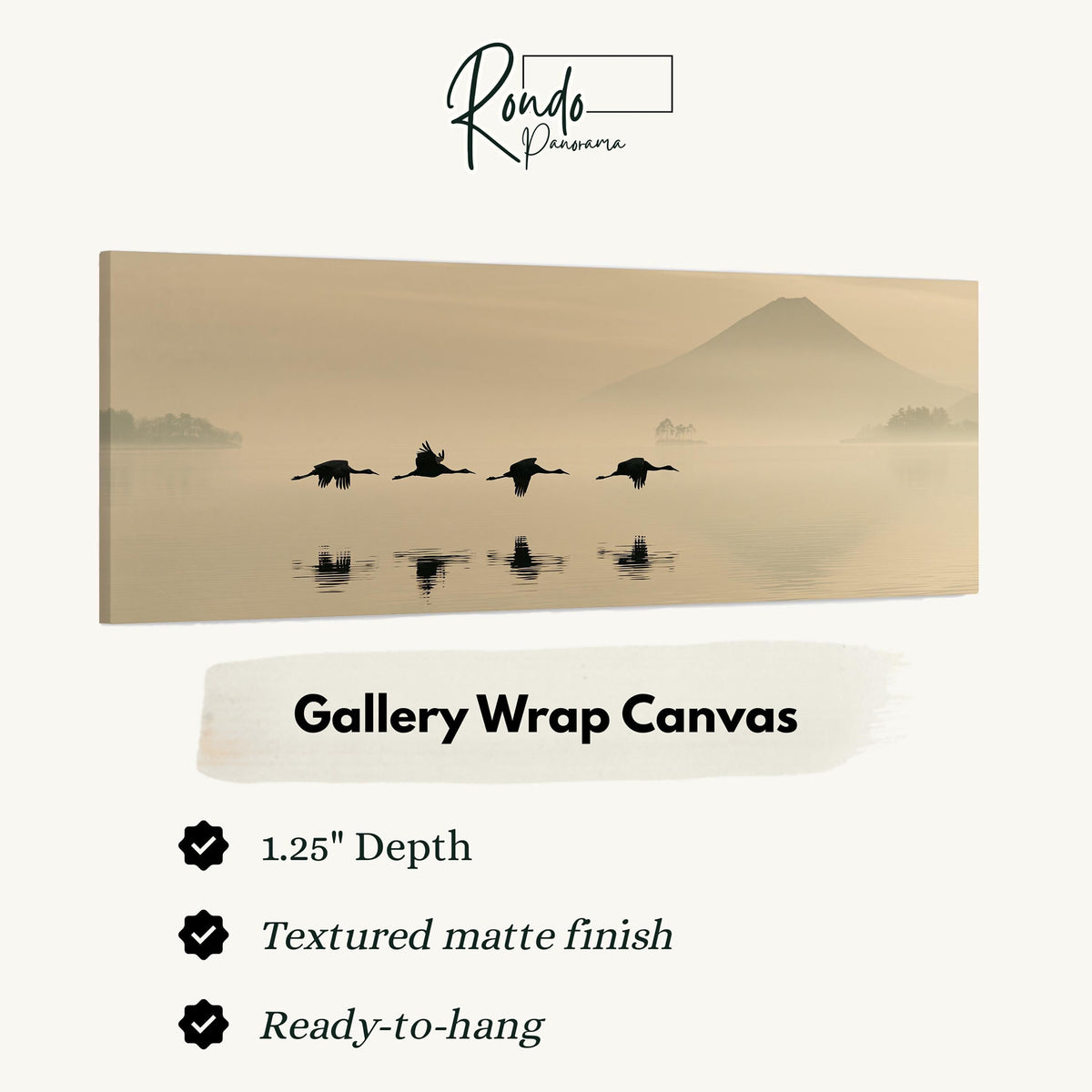 Birds flying low over a lake below Mount Fuji gallery wrap canvas with the image wrapped around the edges