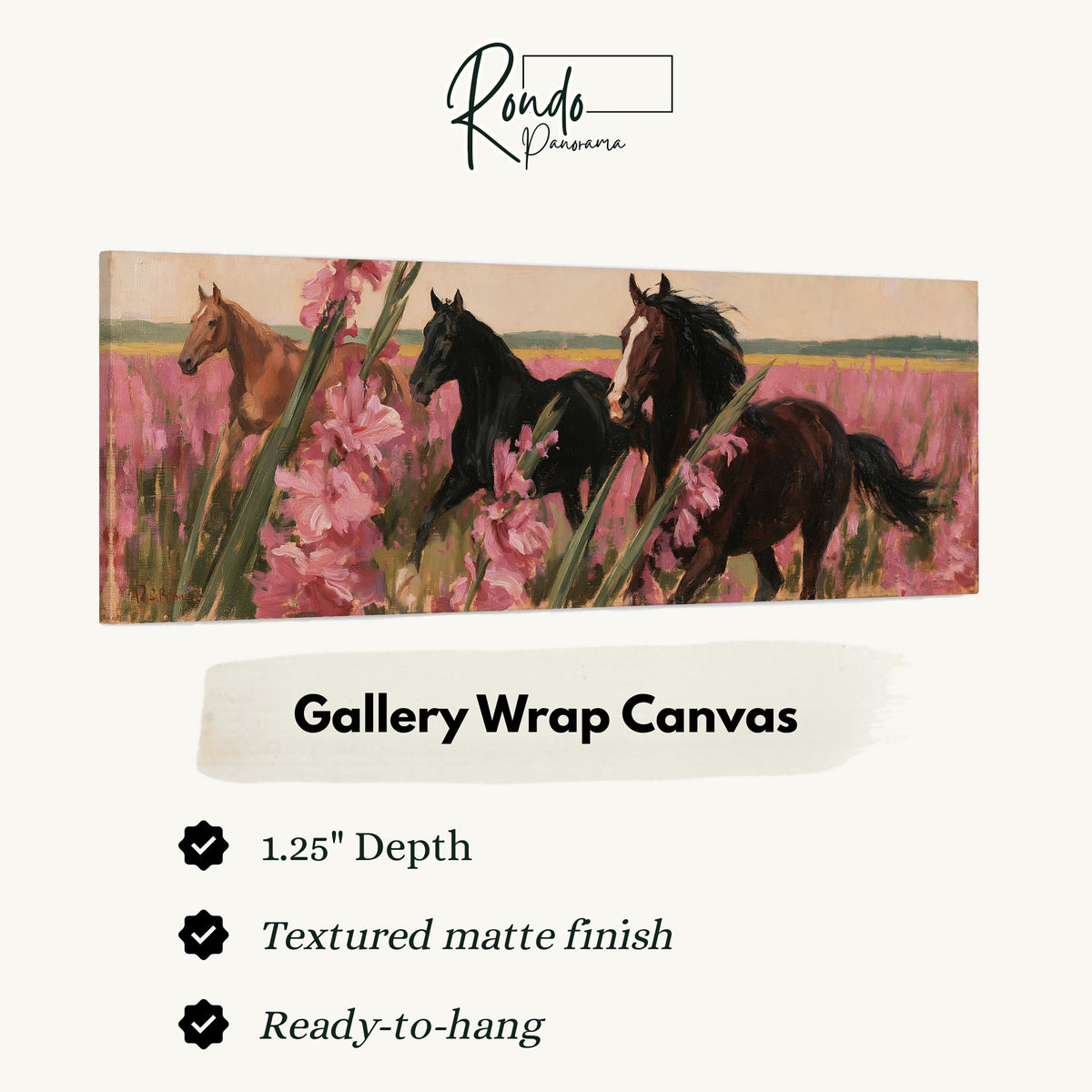 Horses running through pink gladiolus gallery wrap canvas with the image wrapped around the edges