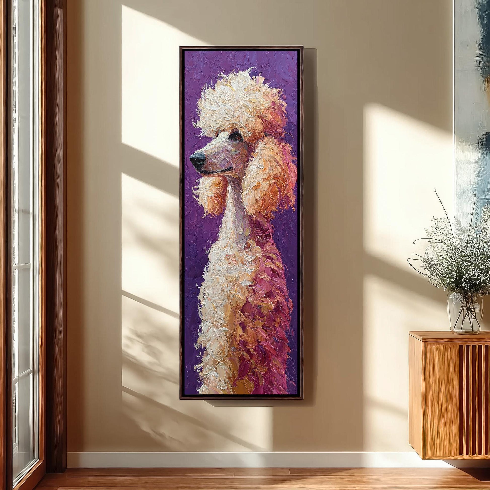 a large, colorful painting of a poodle on a purple background, hanging on a wall in a room with a wooden cabinet and a vase of flowers.