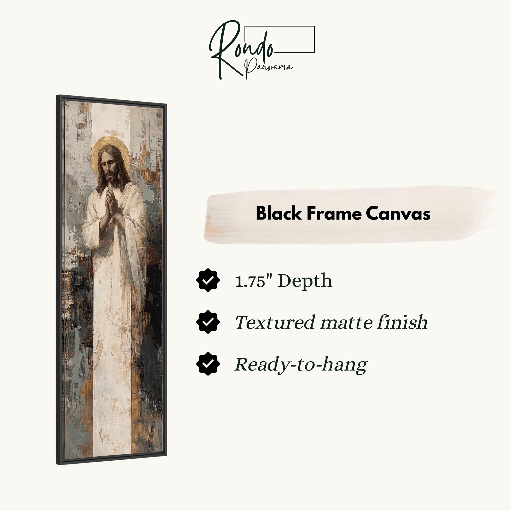 The image is a black frame canvas depicting a painting of Jesus Christ.