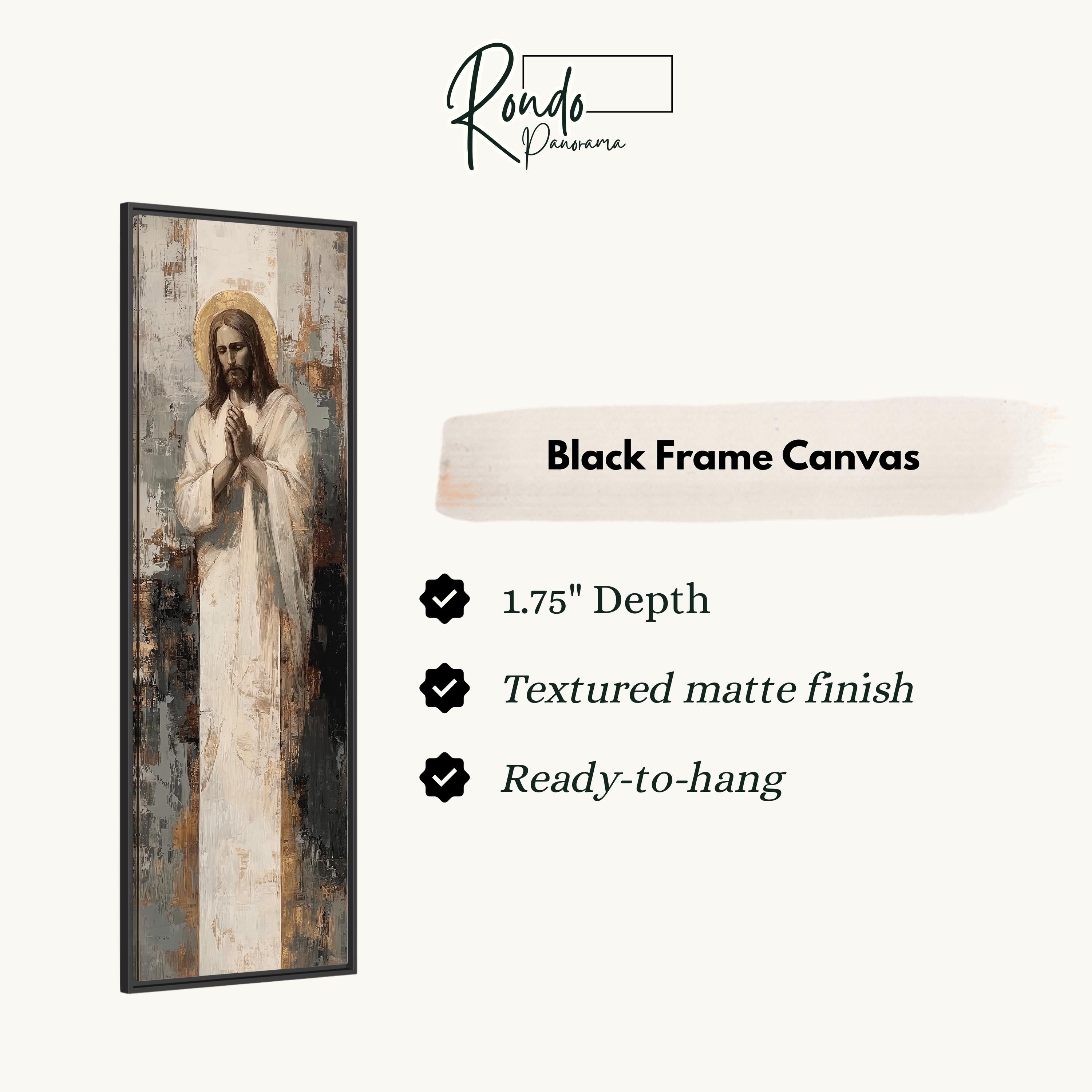 The image is a black frame canvas depicting a painting of Jesus Christ.