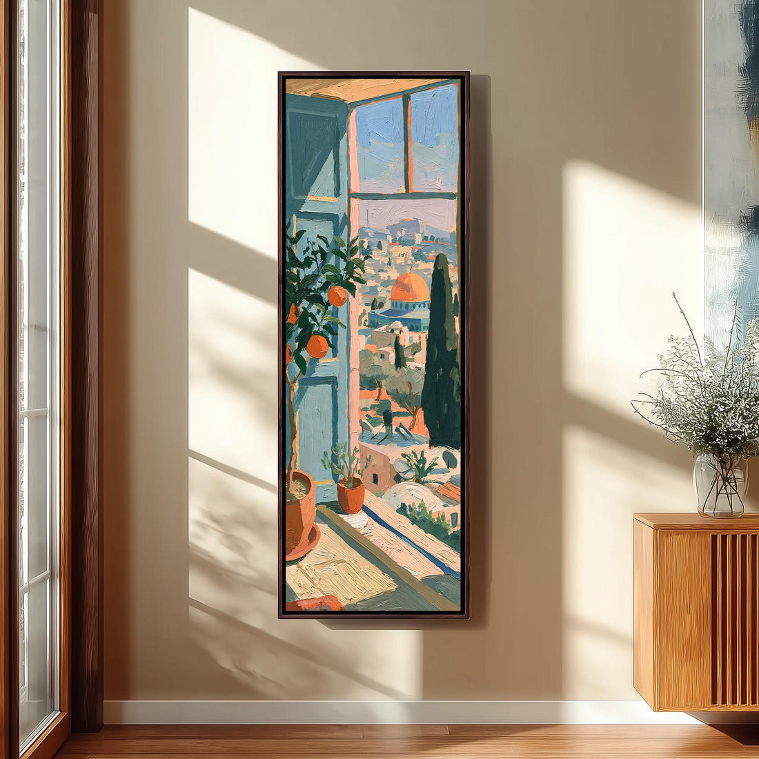 Window view over an old city with an orange tree long vertical canvas print in a sunlit living space