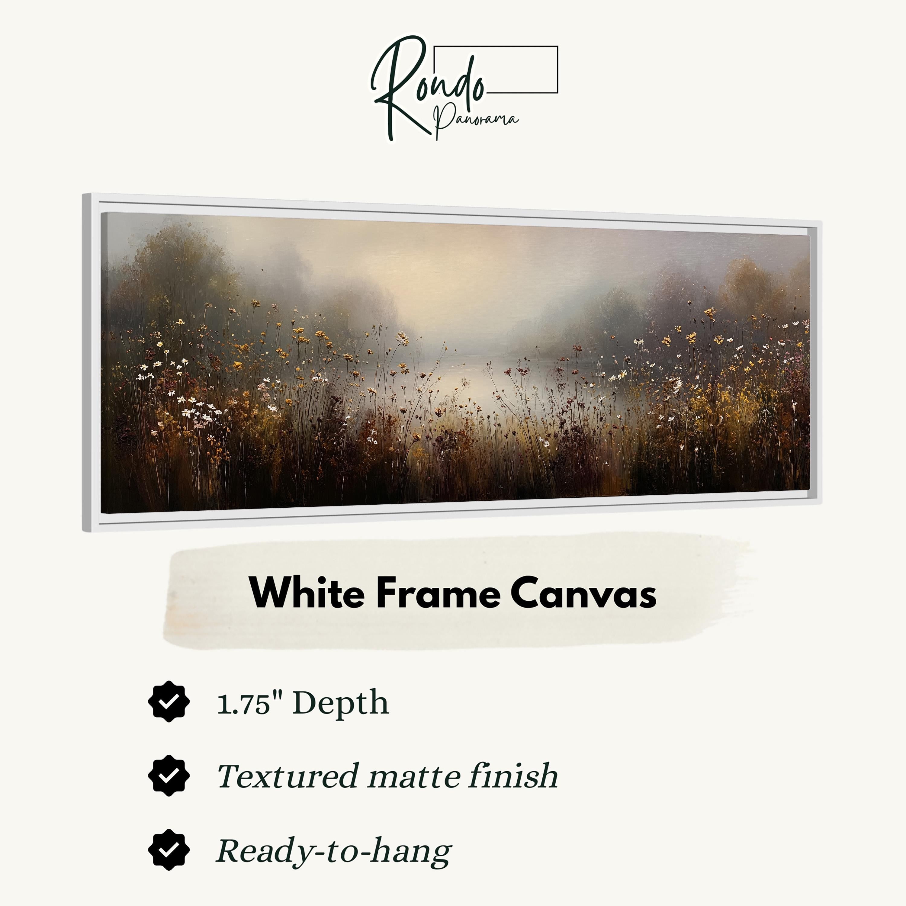 The image is a white frame canvas depicting a field of flowers with a misty background.