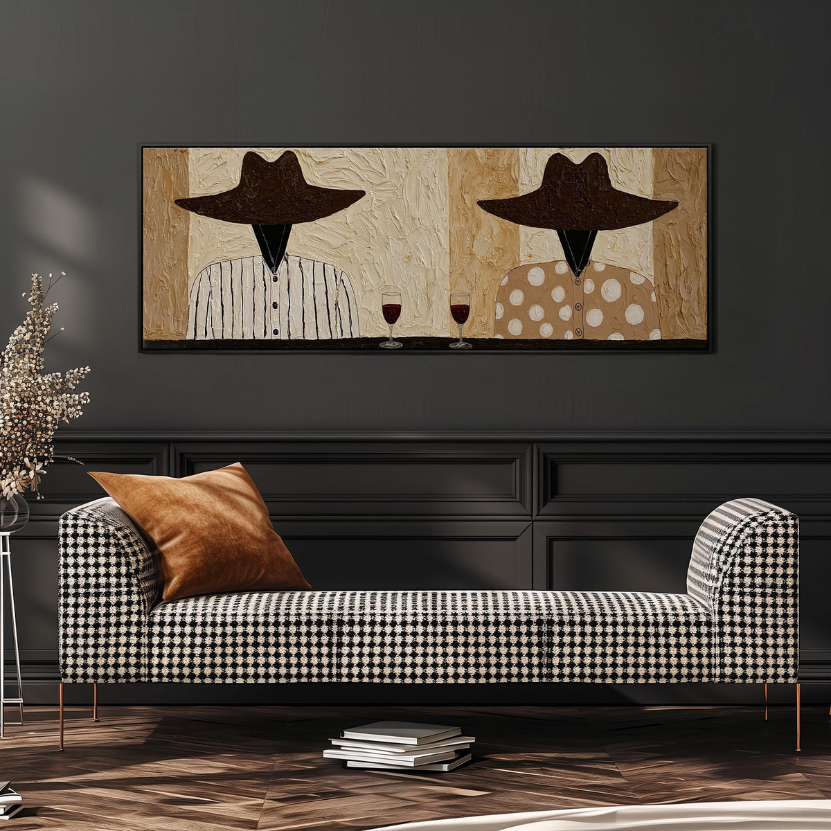 Two folk figures in hats toasting with red wine wide panoramic canvas print above a bench in a dark living room