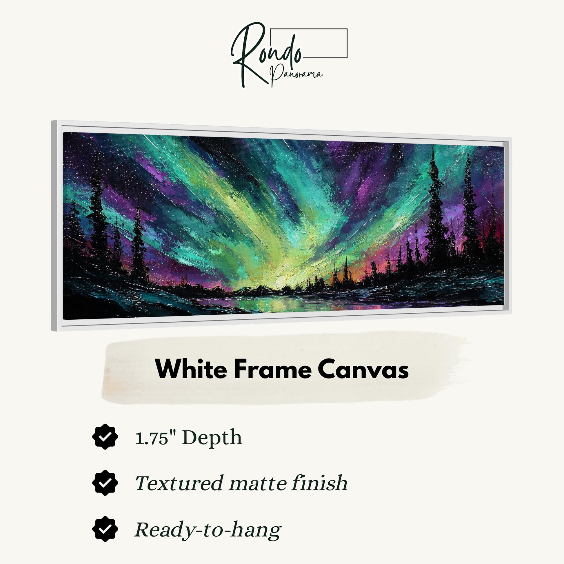 The image is a white frame canvas depicting a vibrant, colorful landscape with a lake and trees under a night sky filled with the aurora borealis.