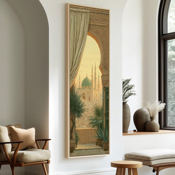 Mosque seen through an ornate arch long vertical canvas print in a sunlit living space