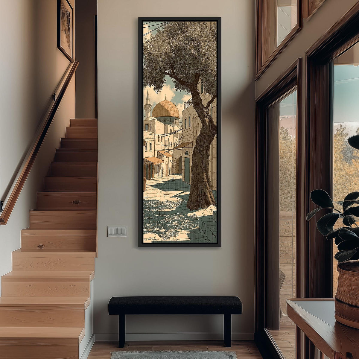 Jerusalem old city street with an olive tree tall narrow canvas print beside a staircase in an entryway