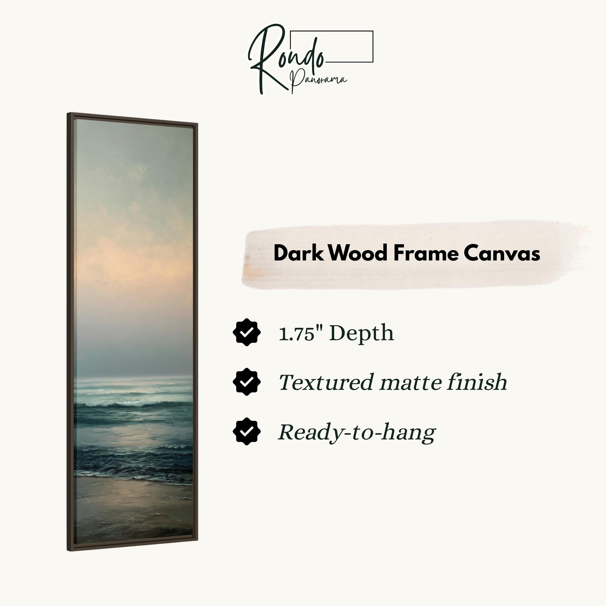 The image is a dark wood frame canvas depicting a serene beach scene with waves crashing on the shore.