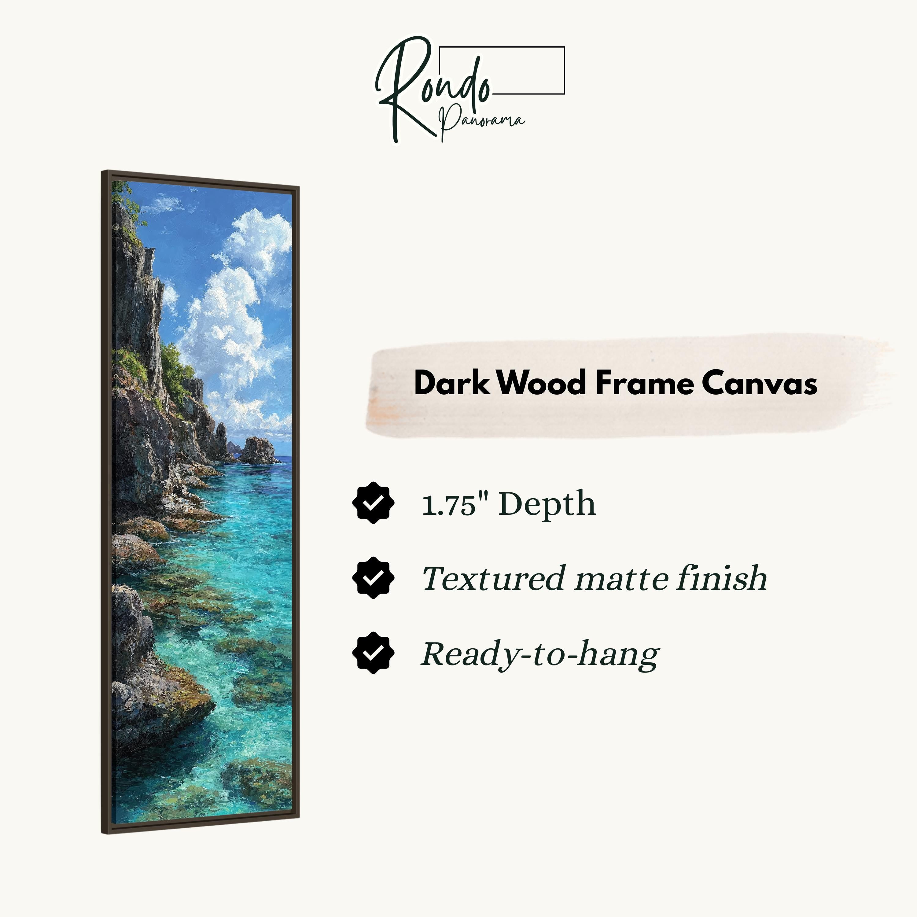The image is a dark wood frame canvas depicting a serene landscape with a rocky cliff overlooking a clear blue ocean.