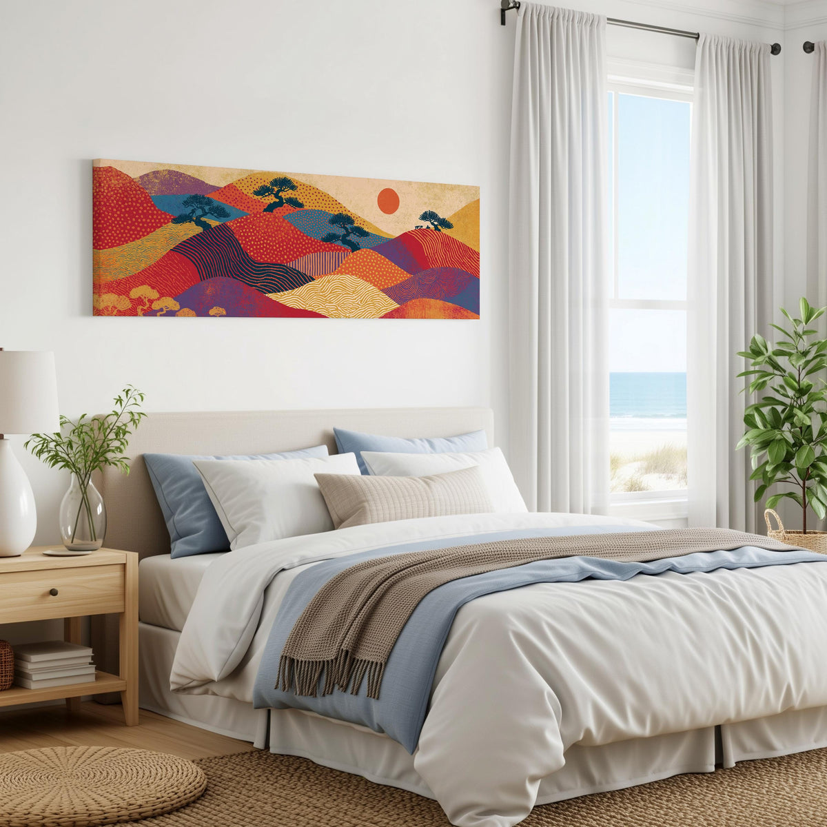 Bonsai trees on patterned hills with a red sun panoramic canvas print above a bed in a coastal bedroom