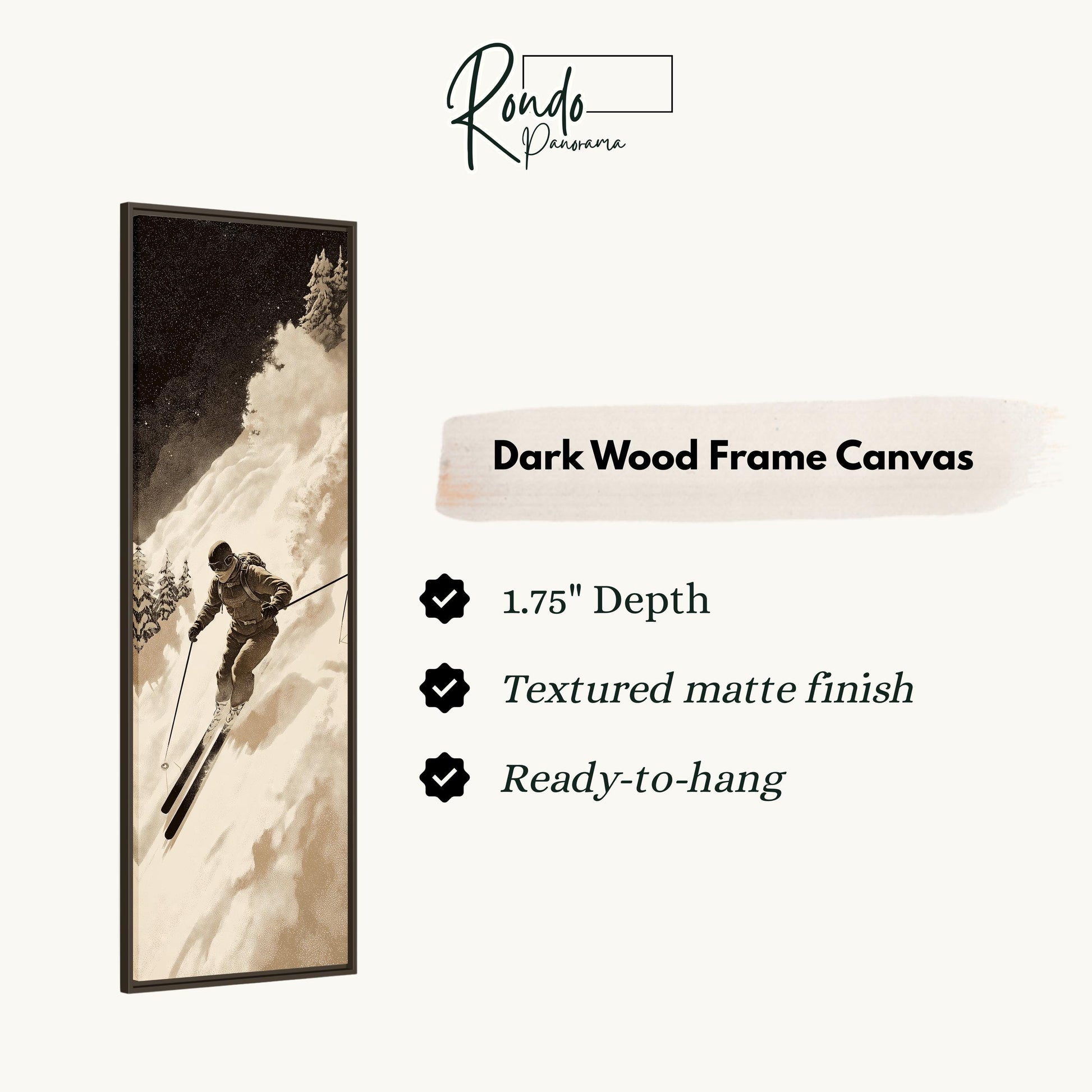 a dark wood frame canvas with a skiing scene, depicting a skier in action.