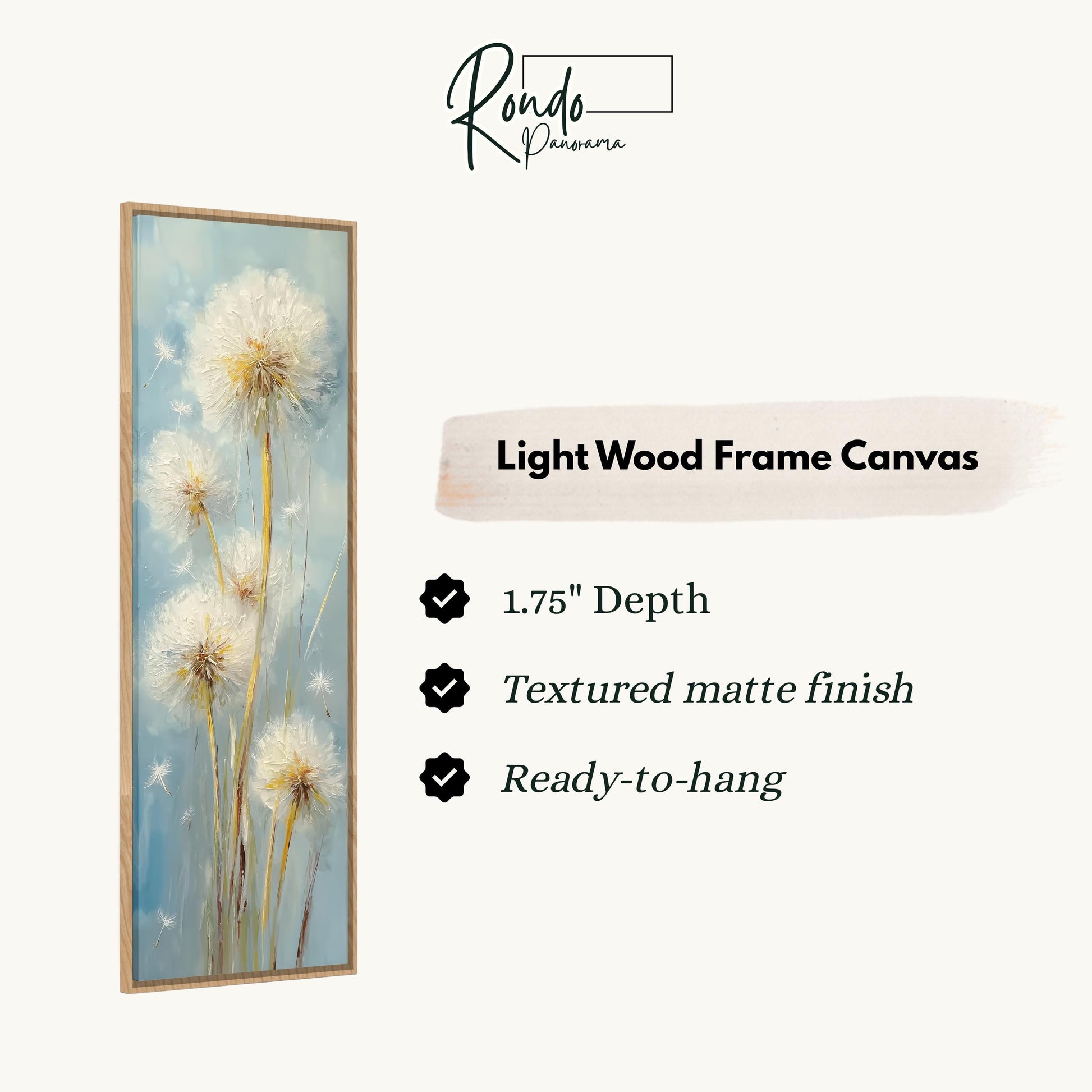 The image is a light wood frame canvas featuring a painting of dandelions.