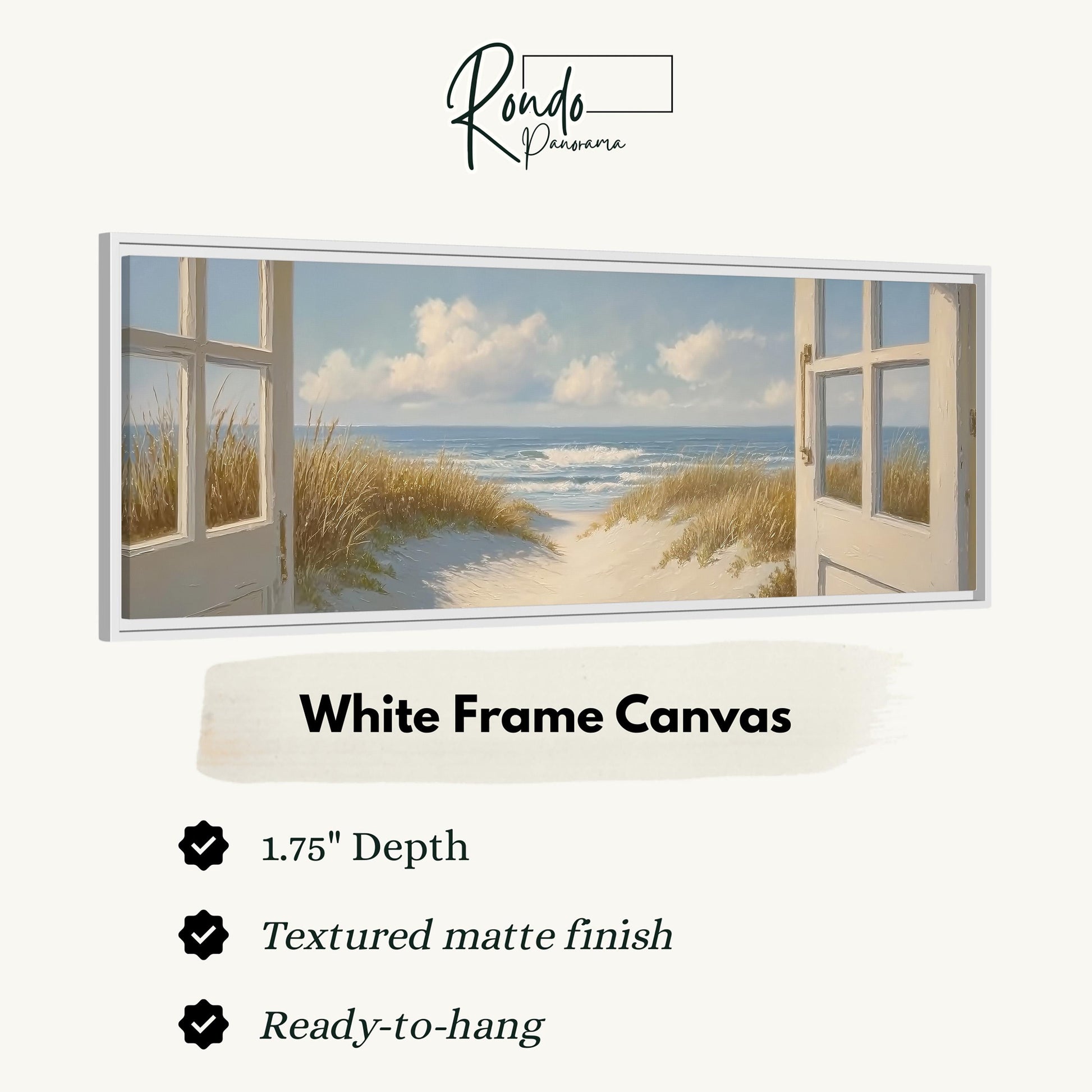 The image is a white frame canvas depicting a beach scene with open doors leading to the beach.