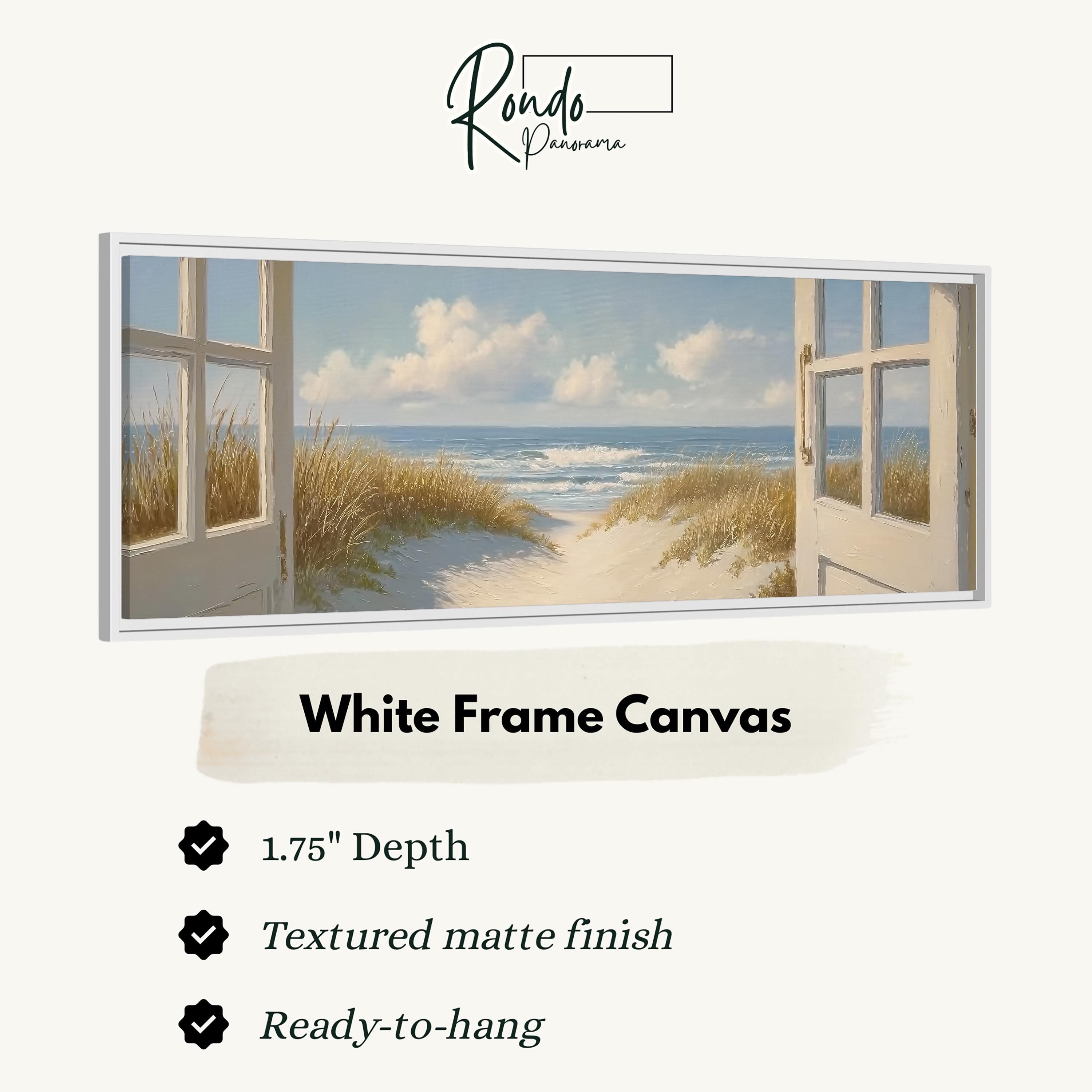 The image is a white frame canvas depicting a beach scene with open doors leading to the beach.