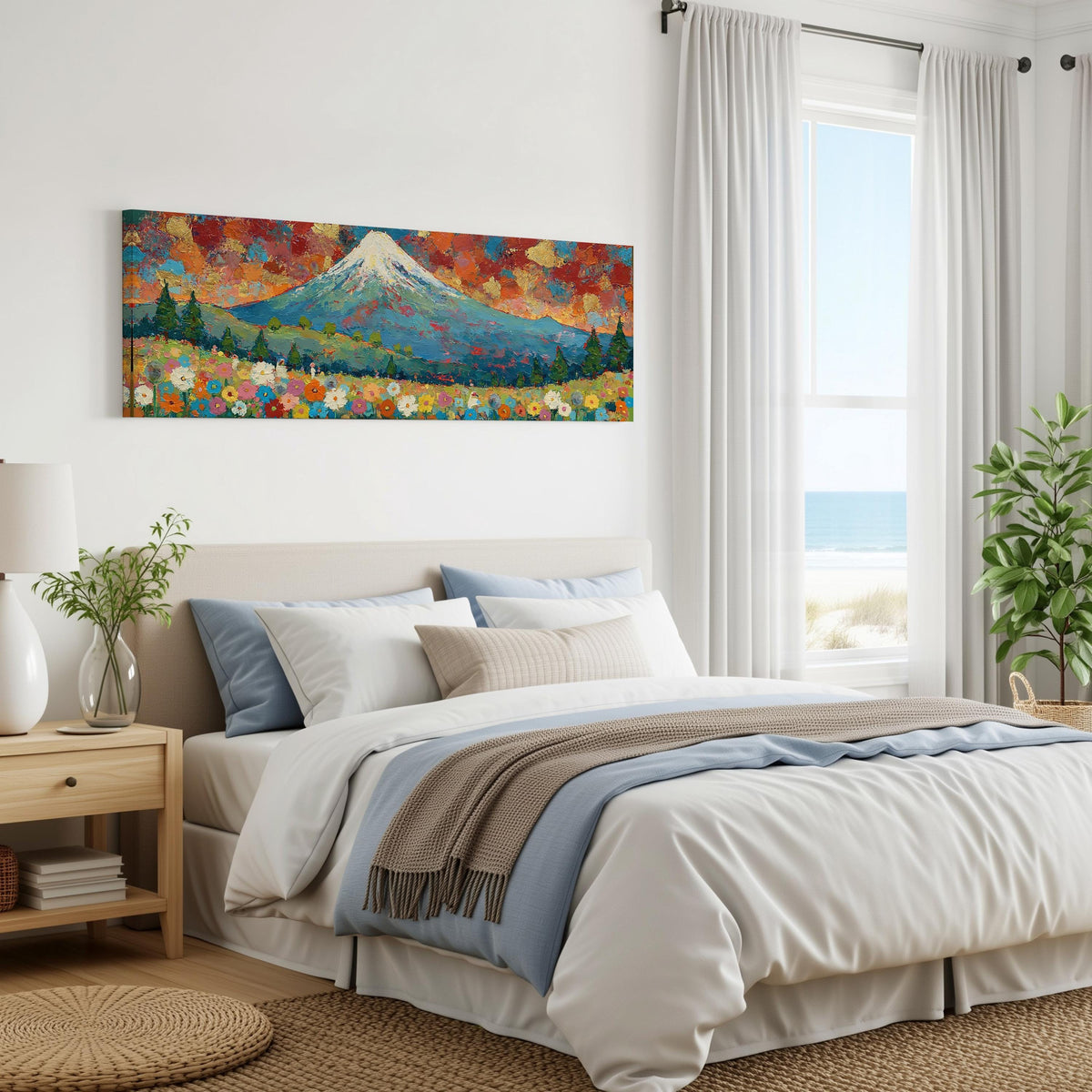 Mount Fuji above autumn trees and wildflowers panoramic canvas print above a bed in a coastal bedroom