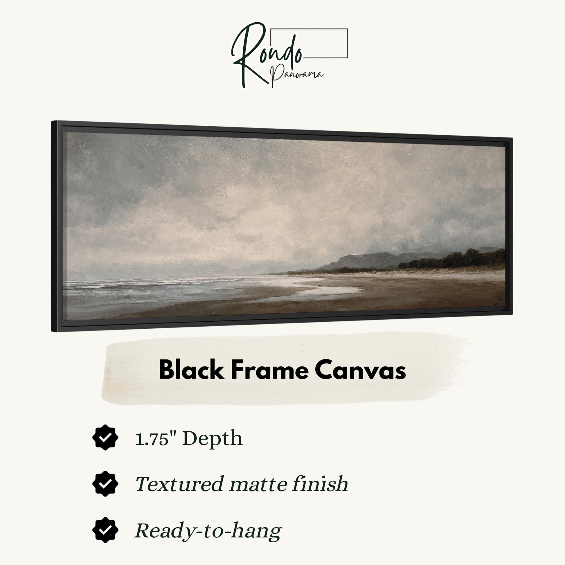 The image is a black frame canvas depicting a serene landscape with a beach and mountains in the background.