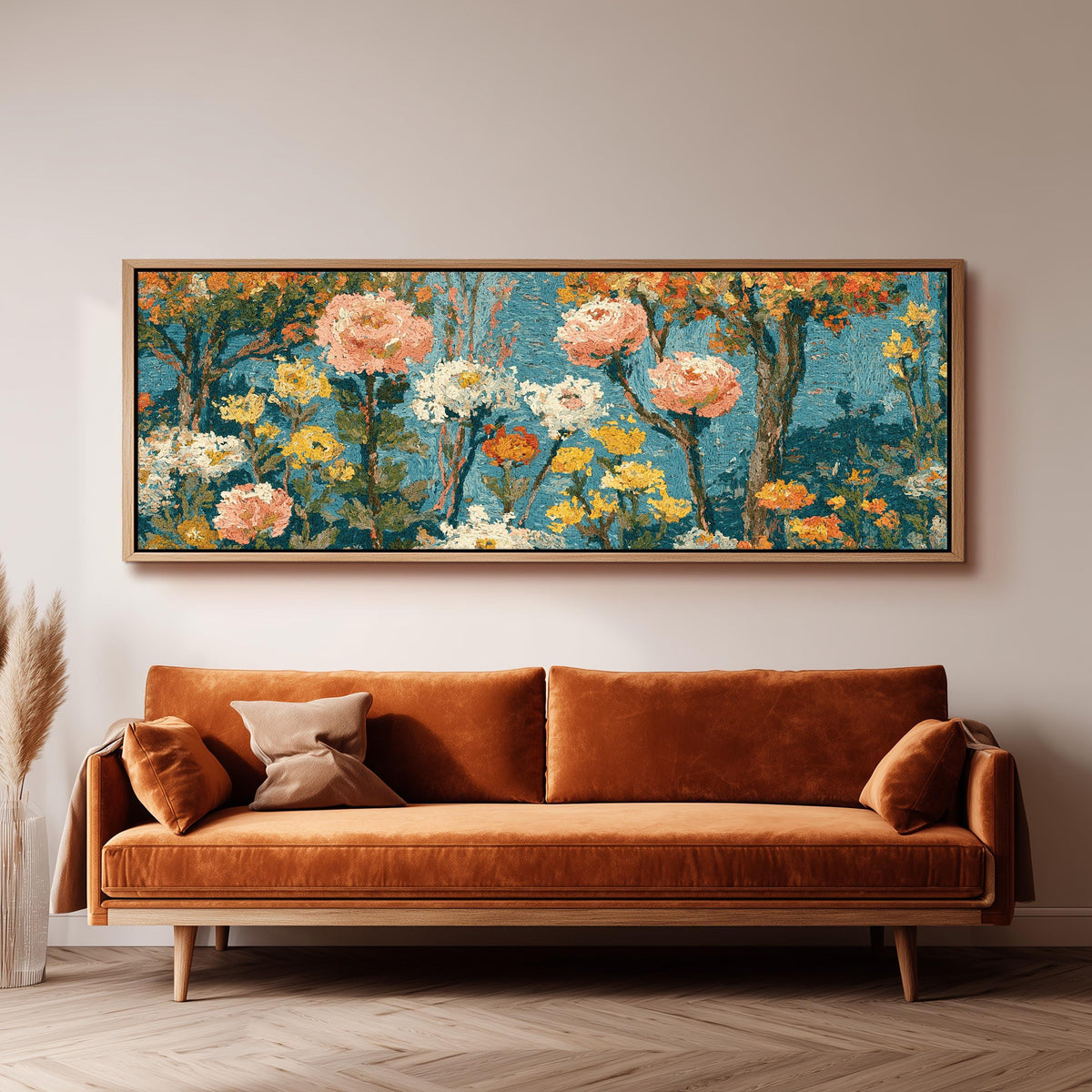 Pink blossom garden pattern long horizontal canvas print above a sofa in a living room