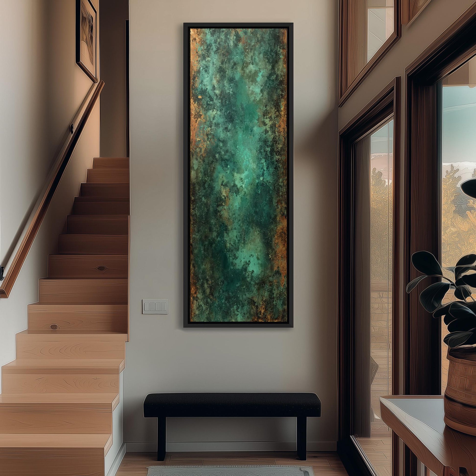 a modern and minimalist interior design, featuring a large abstract painting with a mix of green and brown colors hanging on the wall above a black bench. The room has wooden stairs leading up to a door, and a large window with a view of trees outside.