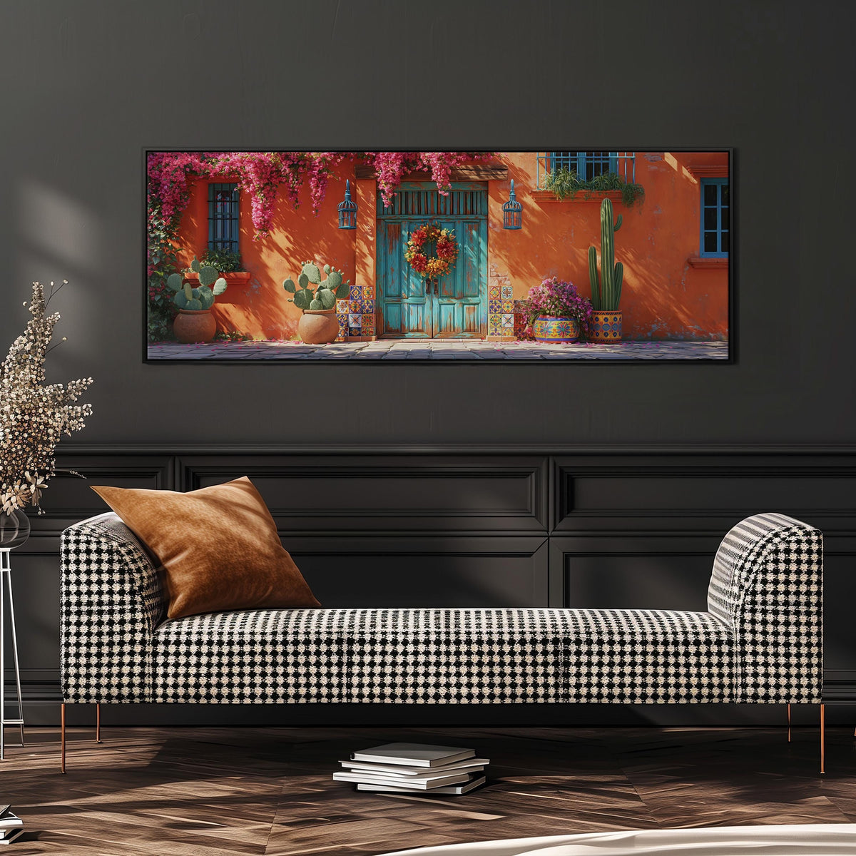 Adobe doorway with a wreath and cacti wide panoramic canvas print above a bench in a dark living room