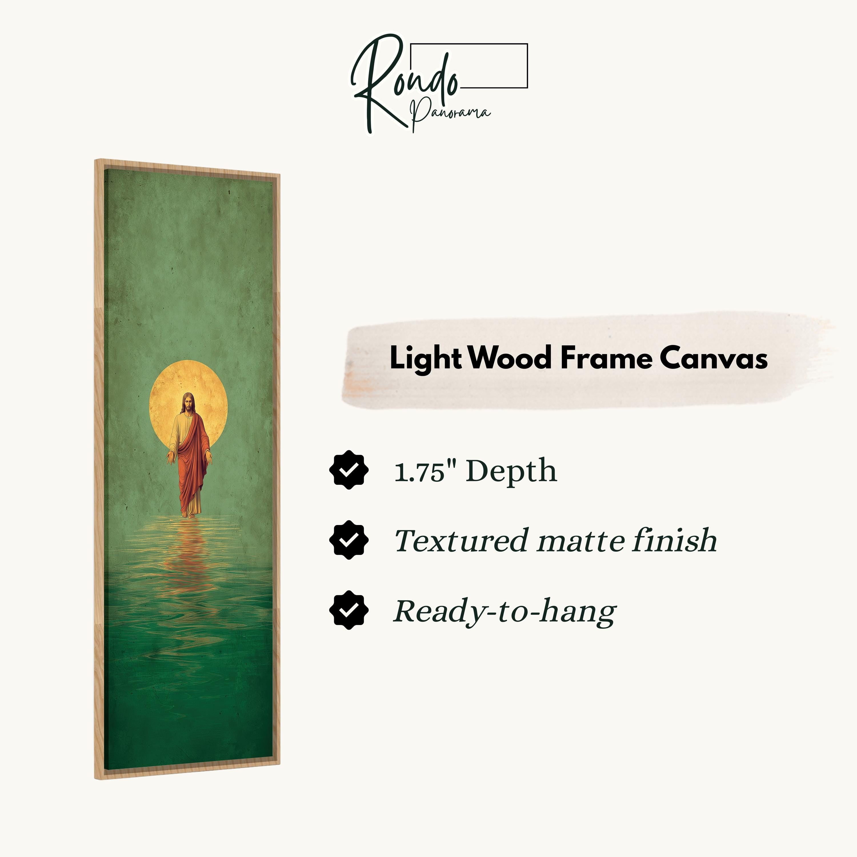 The image is a rectangular frame canvas depicting a painting of Jesus walking on water.