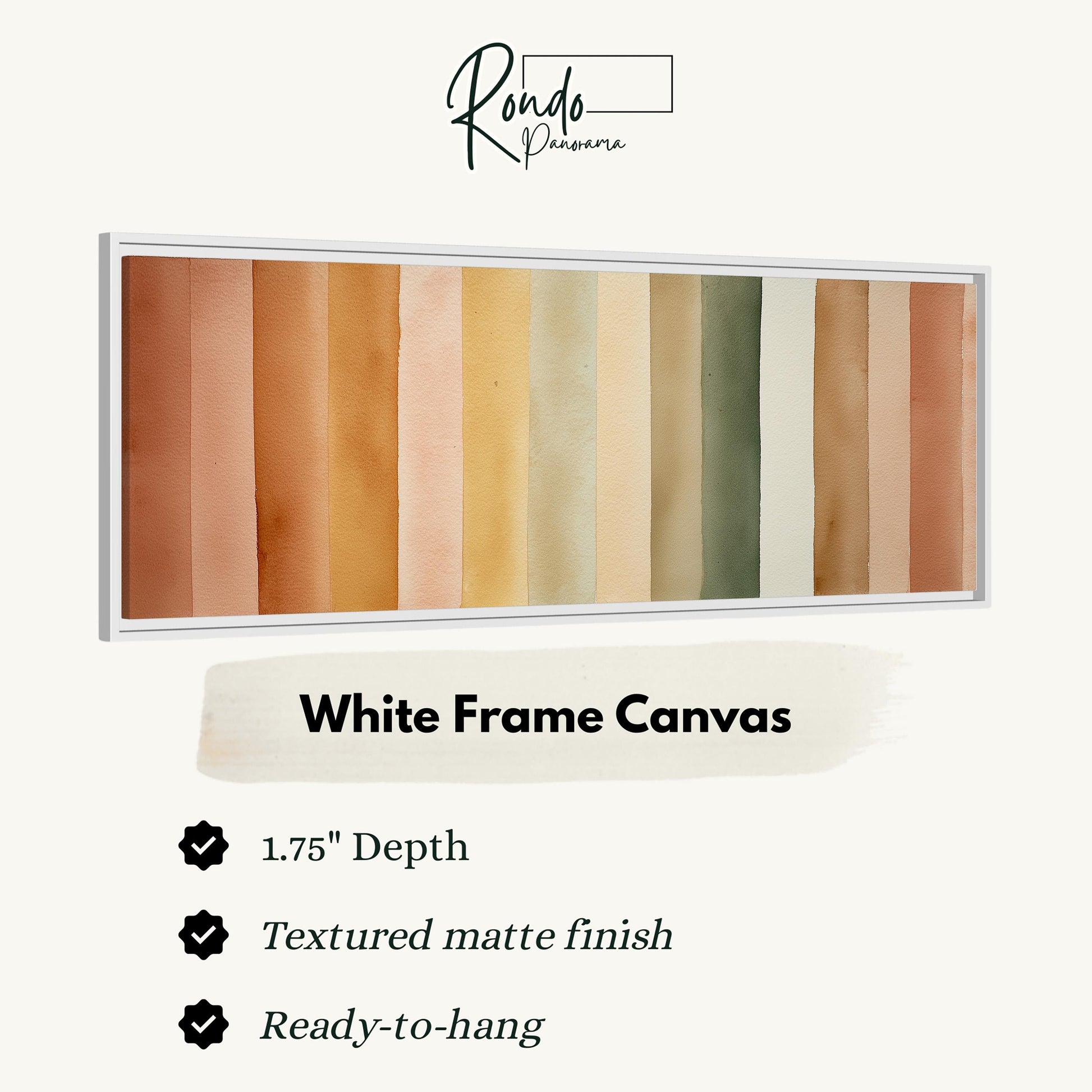 The image is a product advertisement for a white frame canvas. It features a color gradient of brown to be used as the background for the canvas. The advertisement highlights the canvas's features, including its 1.75" depth, textured matte finish, and the ability to hang it.