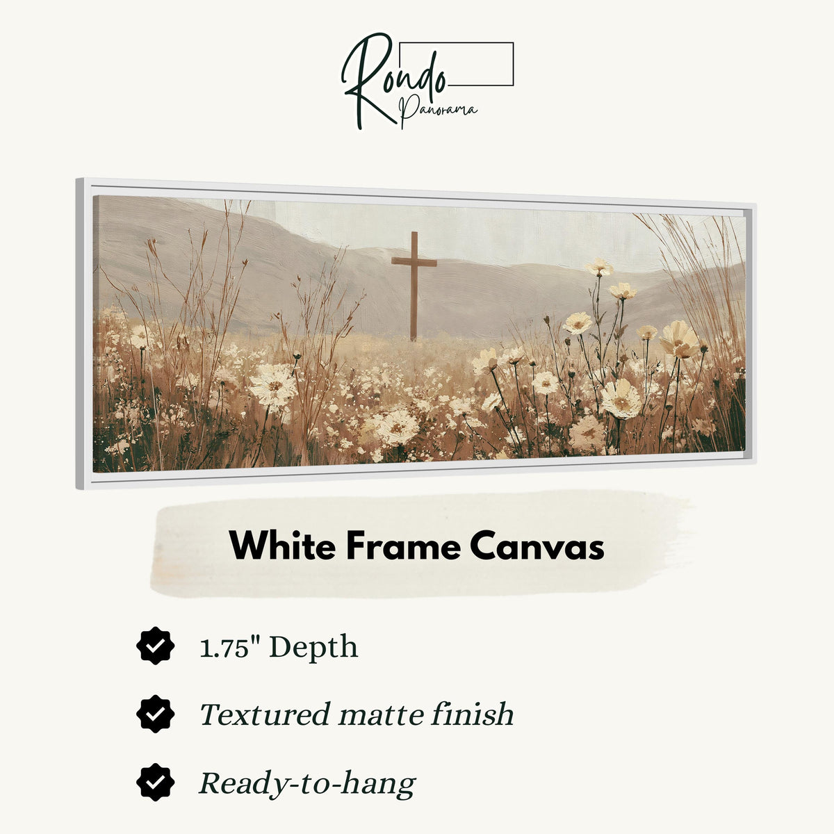 Wooden cross in a cream wildflower field canvas print in a white floating frame