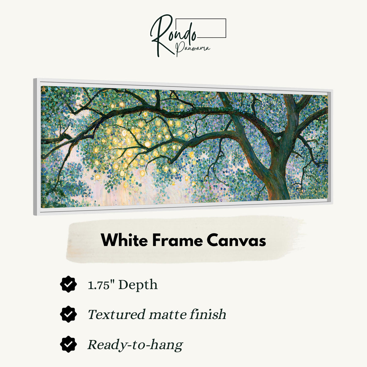 Tree canopy with golden light canvas print in a white floating frame