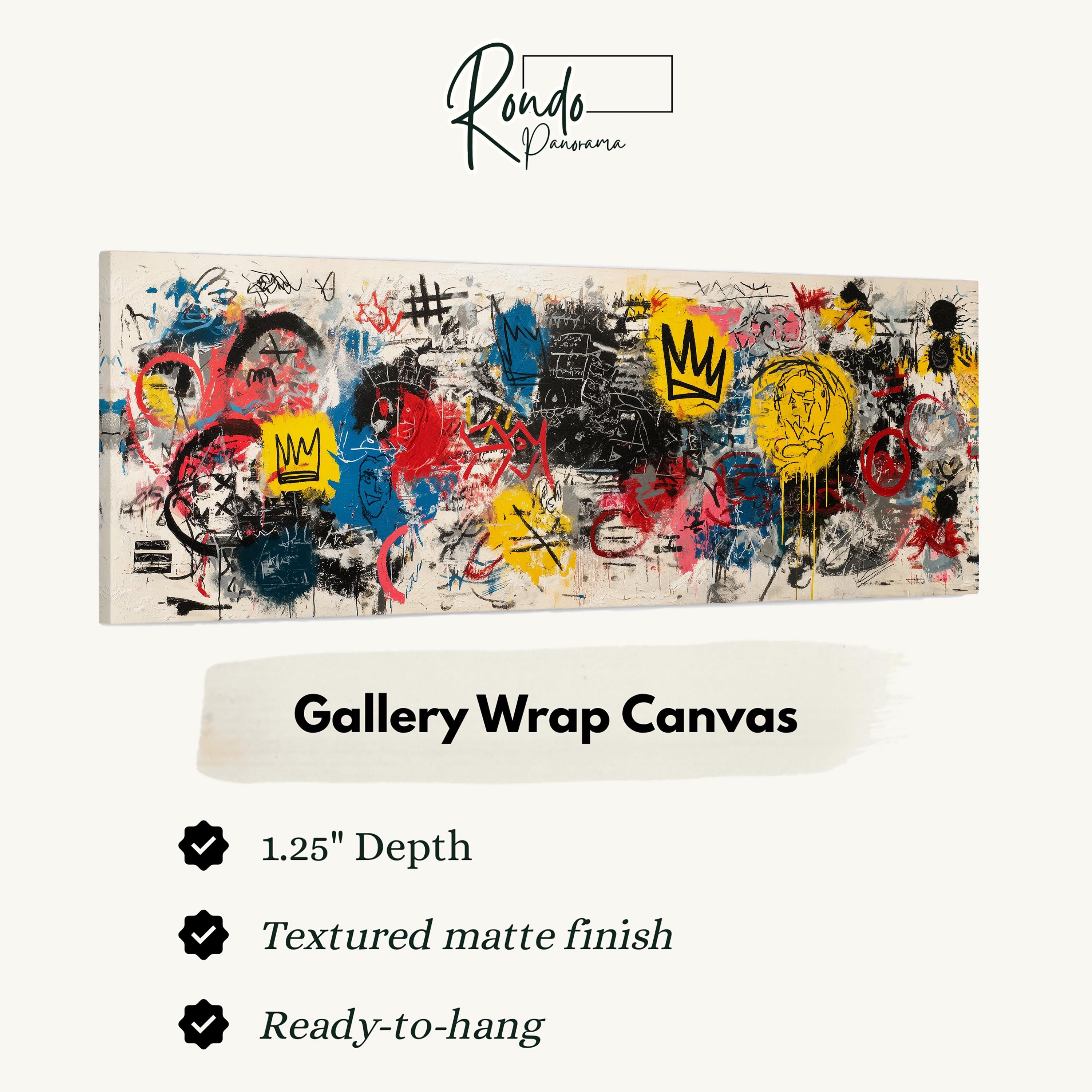 The image is a gallery wrap canvas featuring a vibrant and colorful abstract artwork with various shapes, patterns, and splatters in different colors.