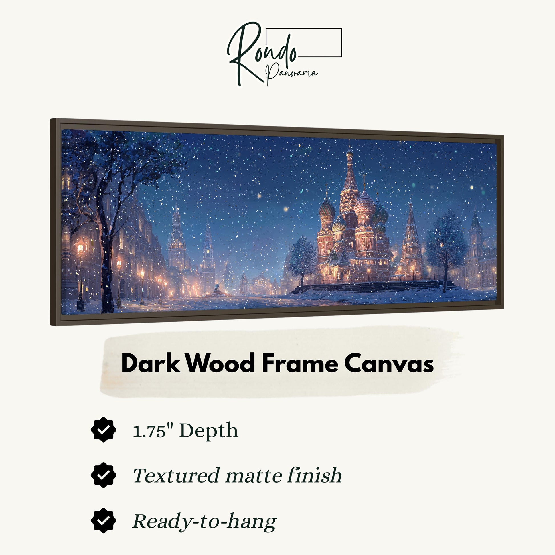 a large, dark wood frame canvas depicting a snowy cityscape at night with illuminated buildings and trees.