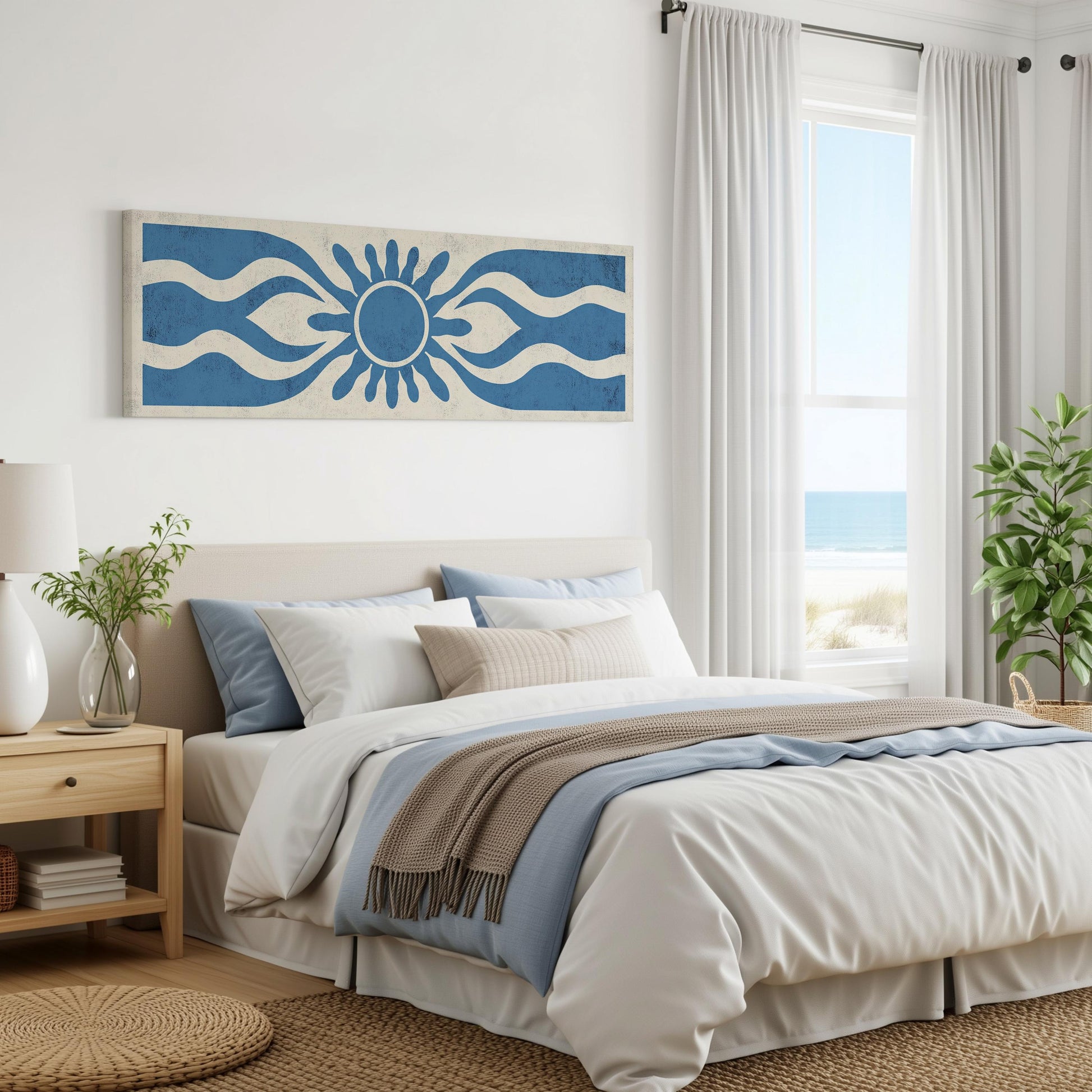 a serene and well-decorated bedroom with a large bed, a nightstand, and a large window overlooking the ocean.
