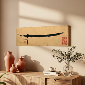 Ink brush katana long horizontal canvas print above a sofa in a living room