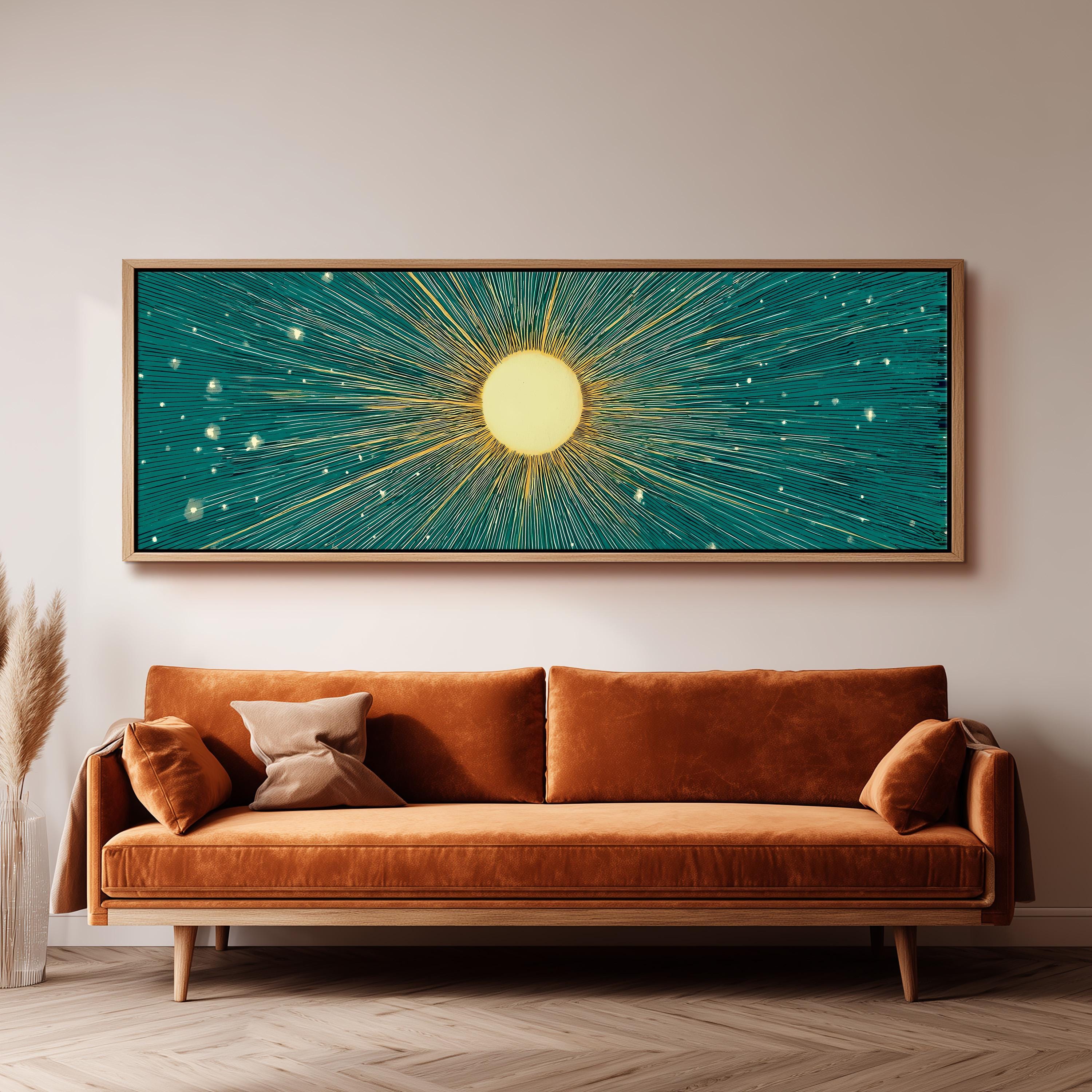 a large, rectangular, framed artwork hanging on a wall above a brown sofa.