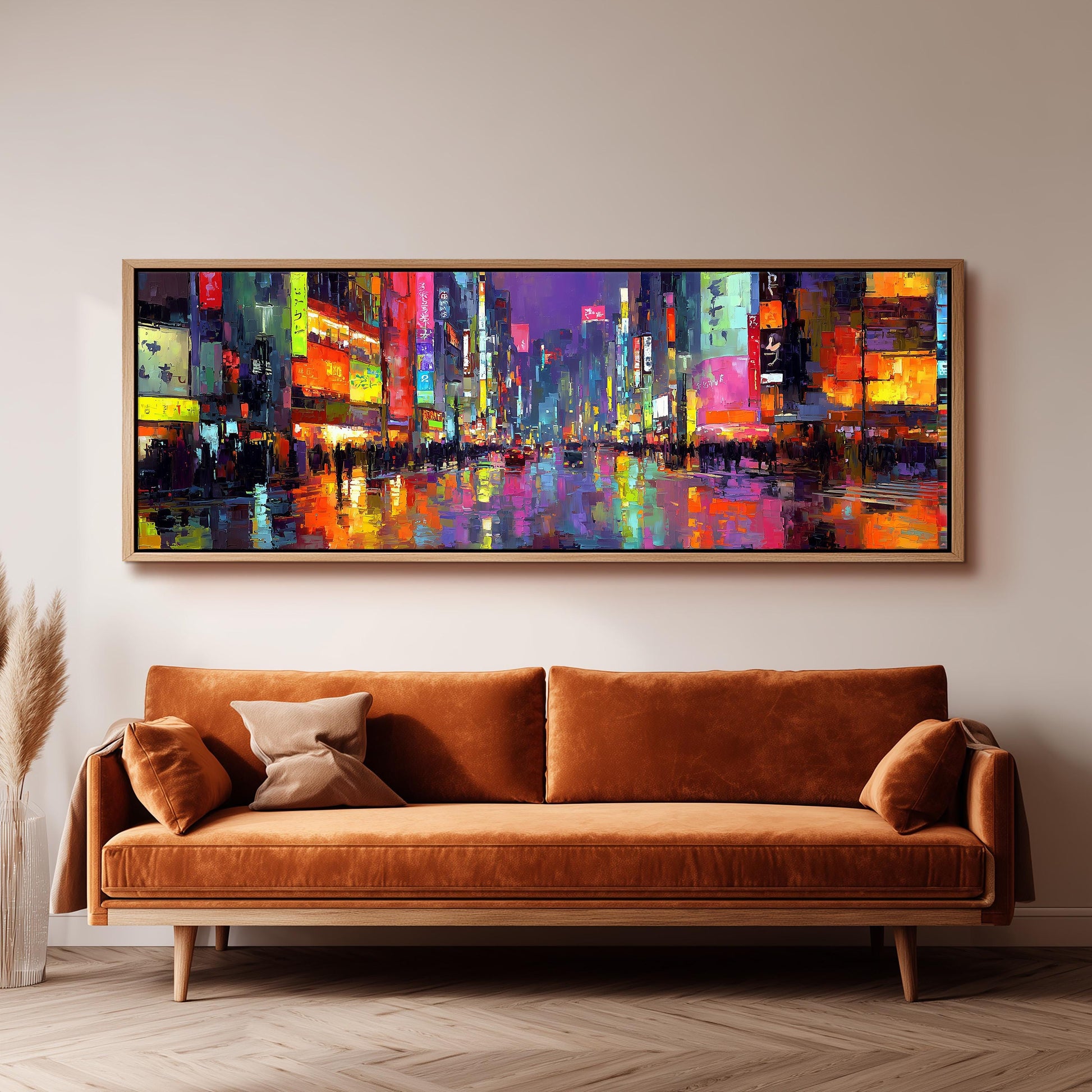 a large, colorful painting of a cityscape hanging on a wall above a brown sofa.