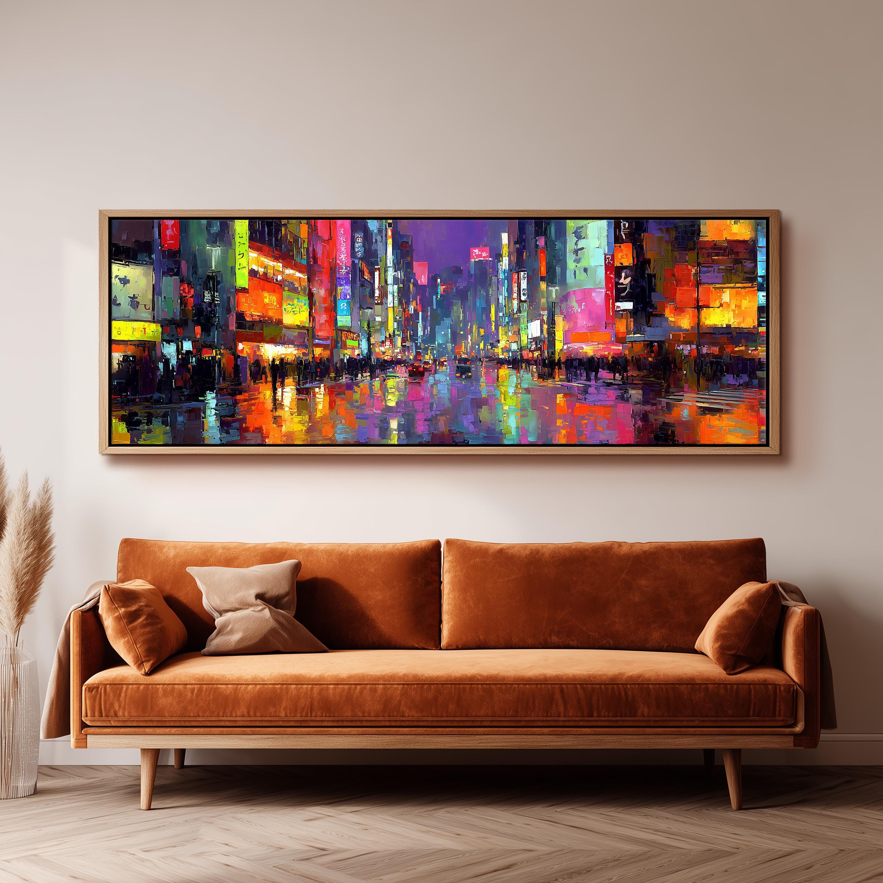 a large, colorful painting of a cityscape hanging on a wall above a brown sofa.