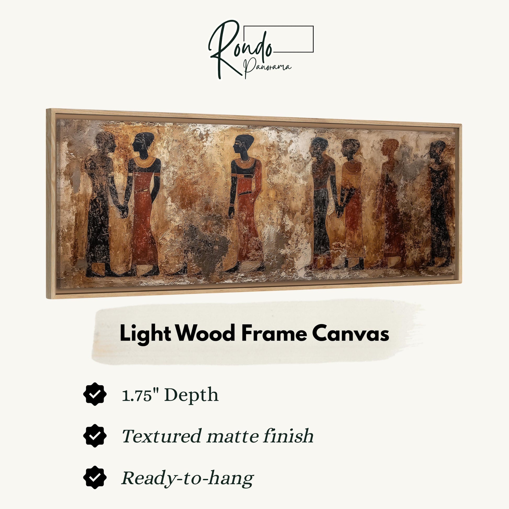 The image is a light wood frame canvas featuring a painting of a group of people in ancient Egyptian attire.