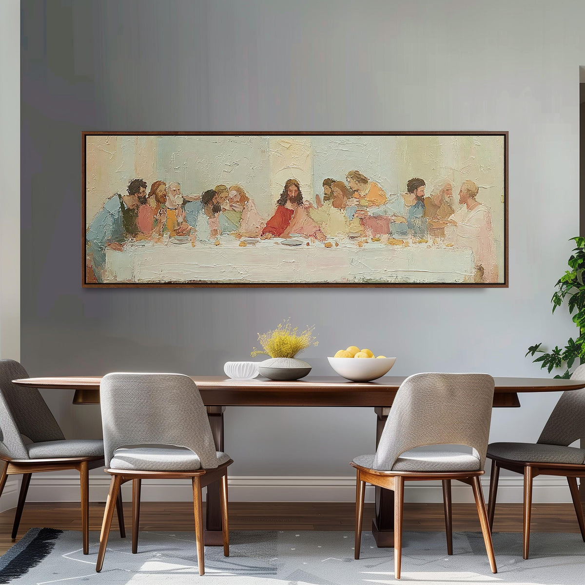 The Last Supper in a classic style long horizontal canvas print above a sofa in a living room