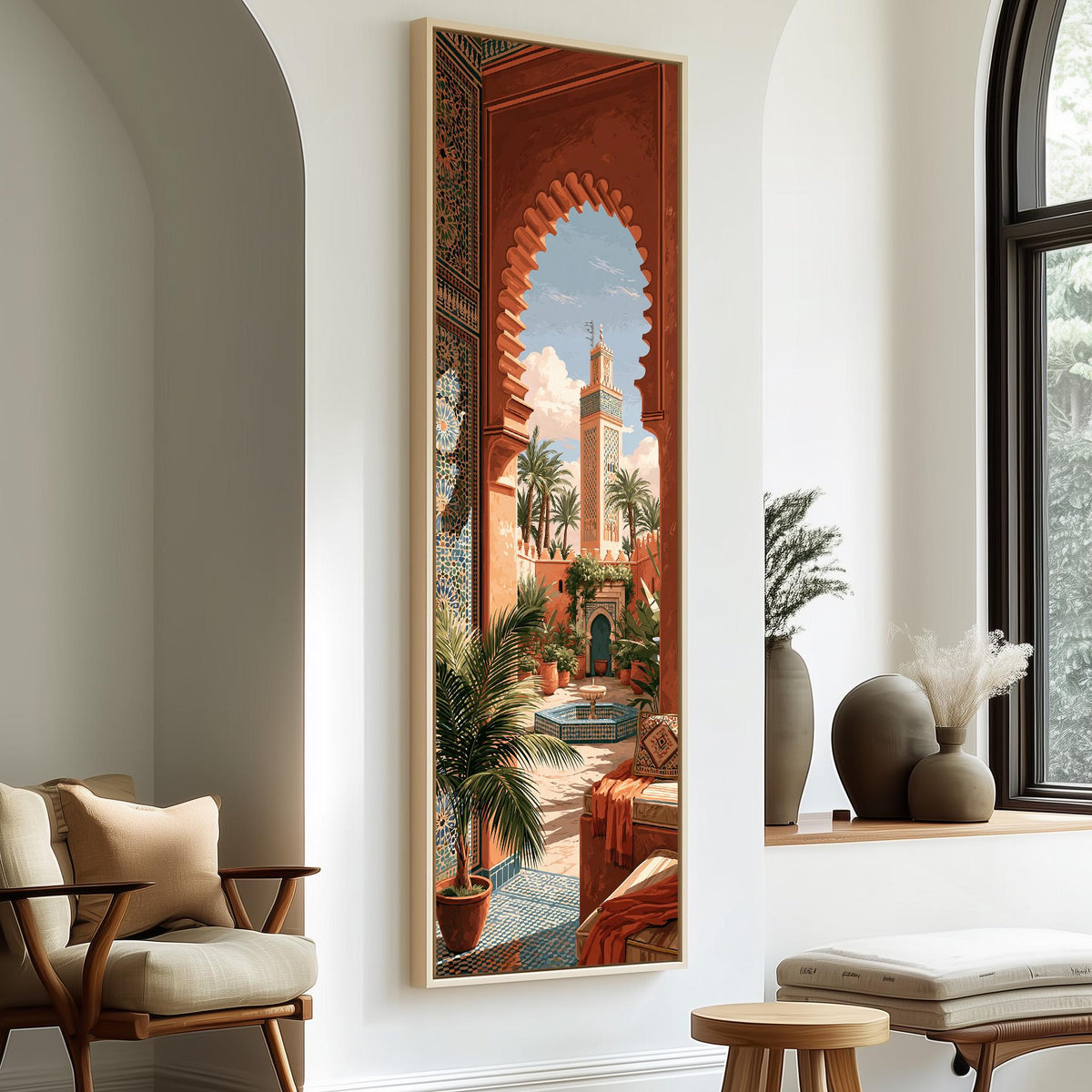 Moroccan courtyard and minaret through a terracotta arch tall skinny canvas print in a sunlit living space