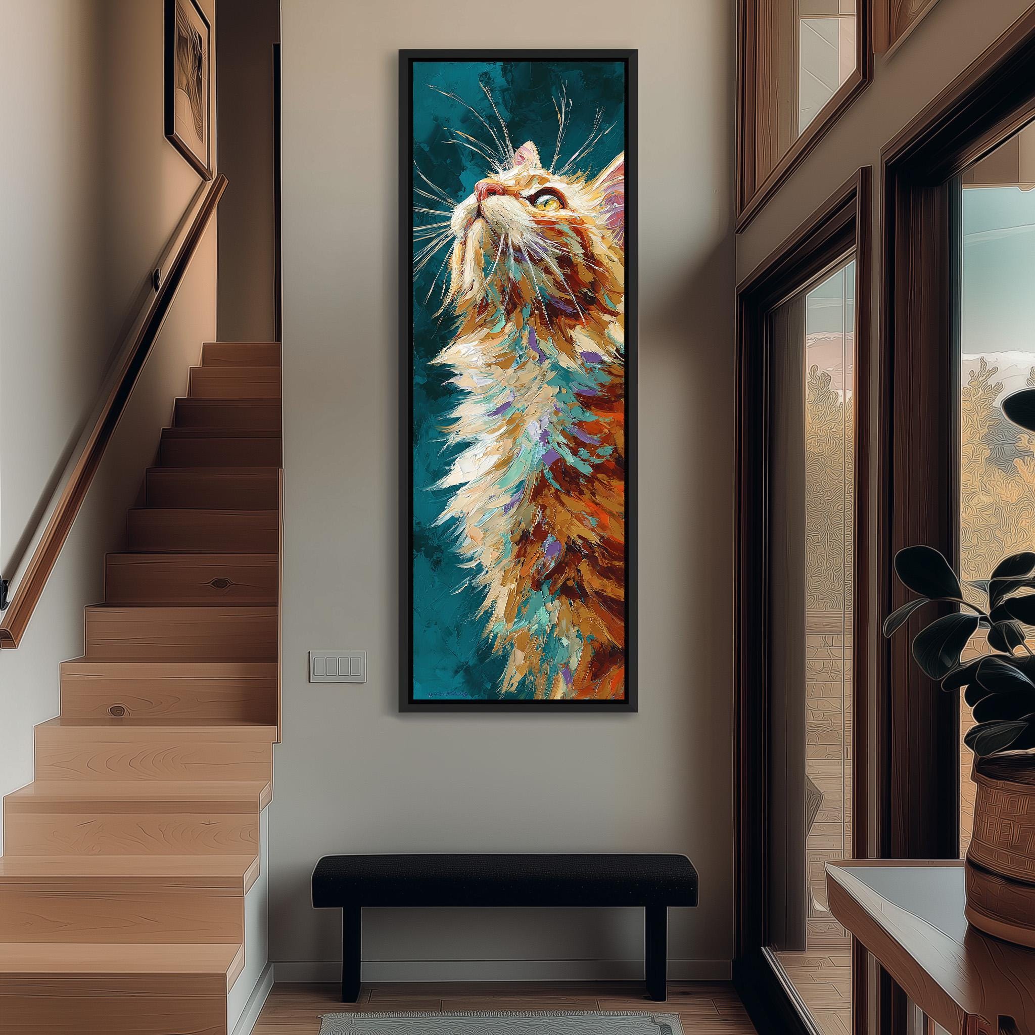 a large, colorful painting of a cat hanging on the wall of a hallway.