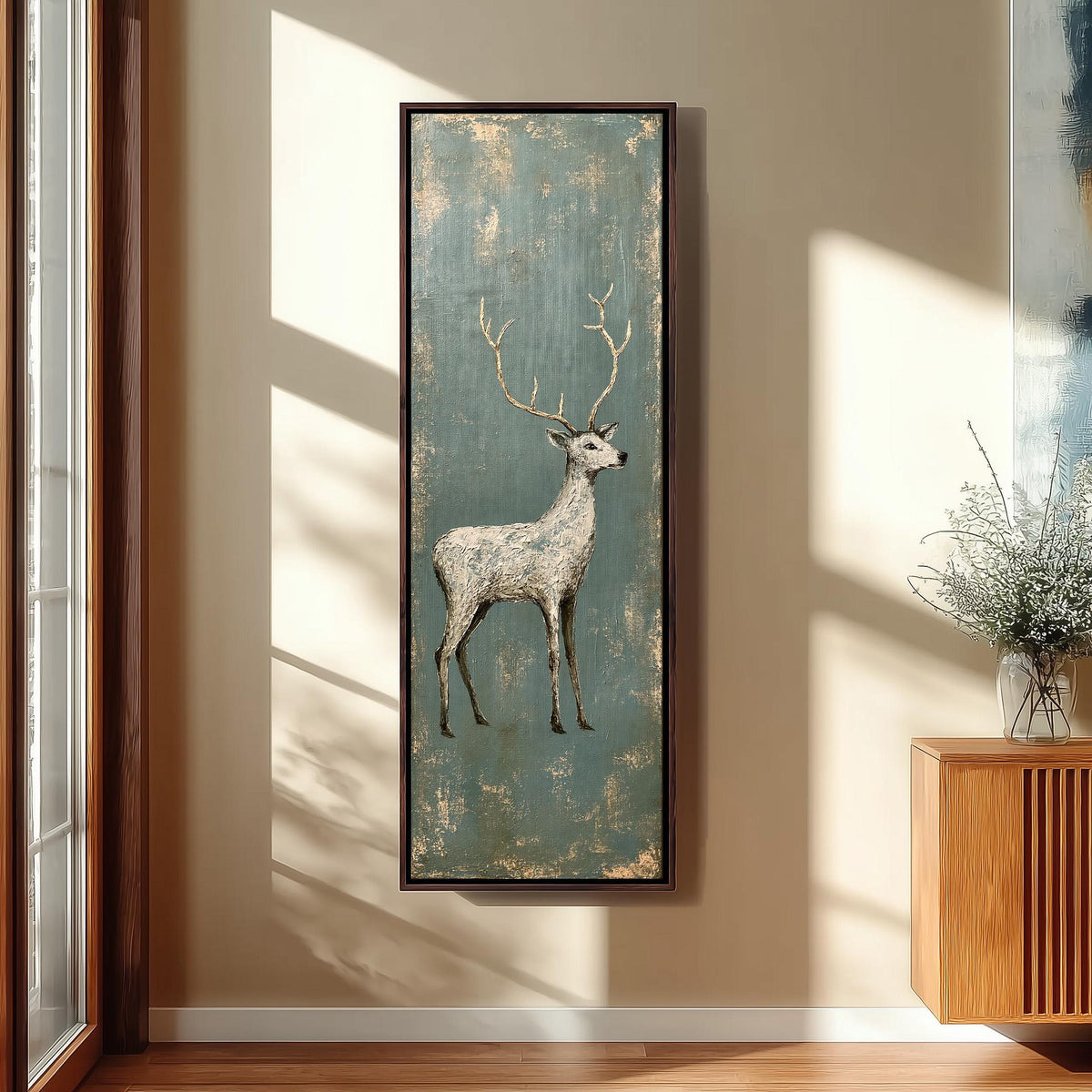 Pale stag with gold antlers on distressed teal tall skinny canvas print in a sunlit living space