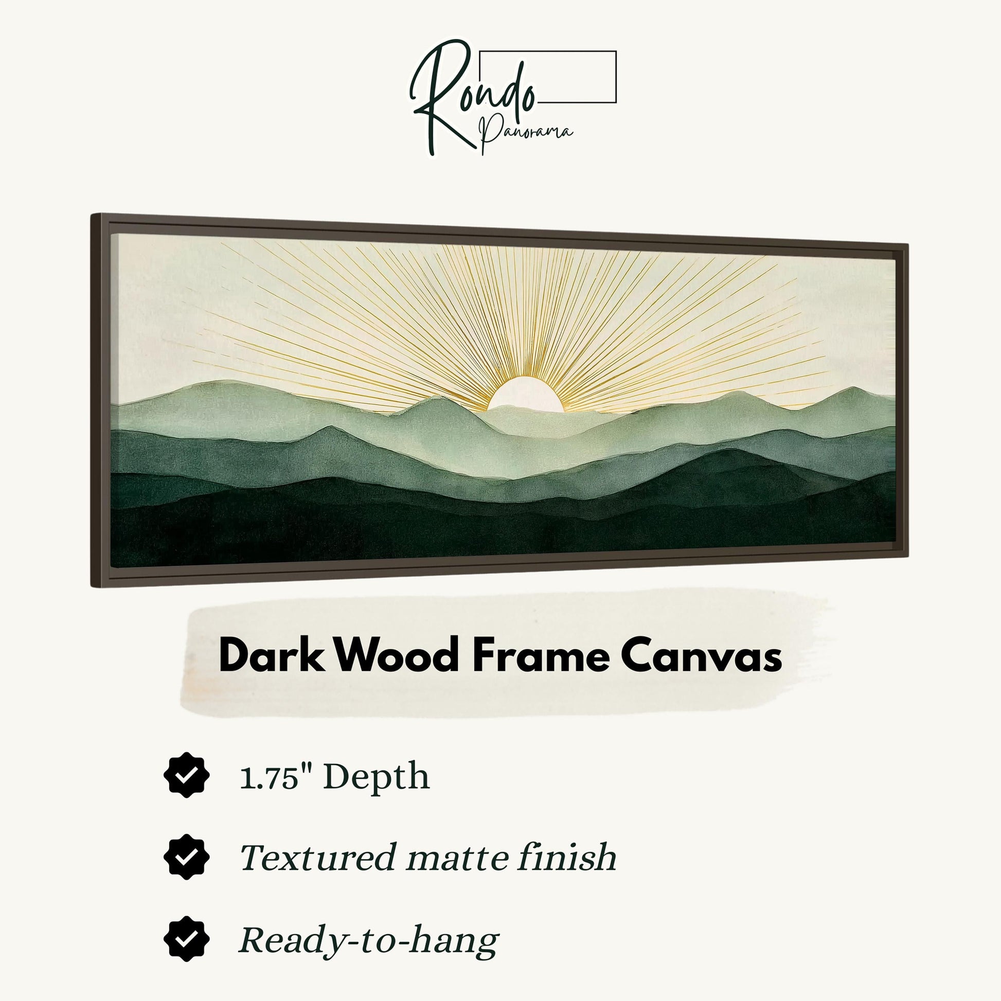 The image is a framed artwork depicting a landscape with mountains and a sun rising over the horizon.
