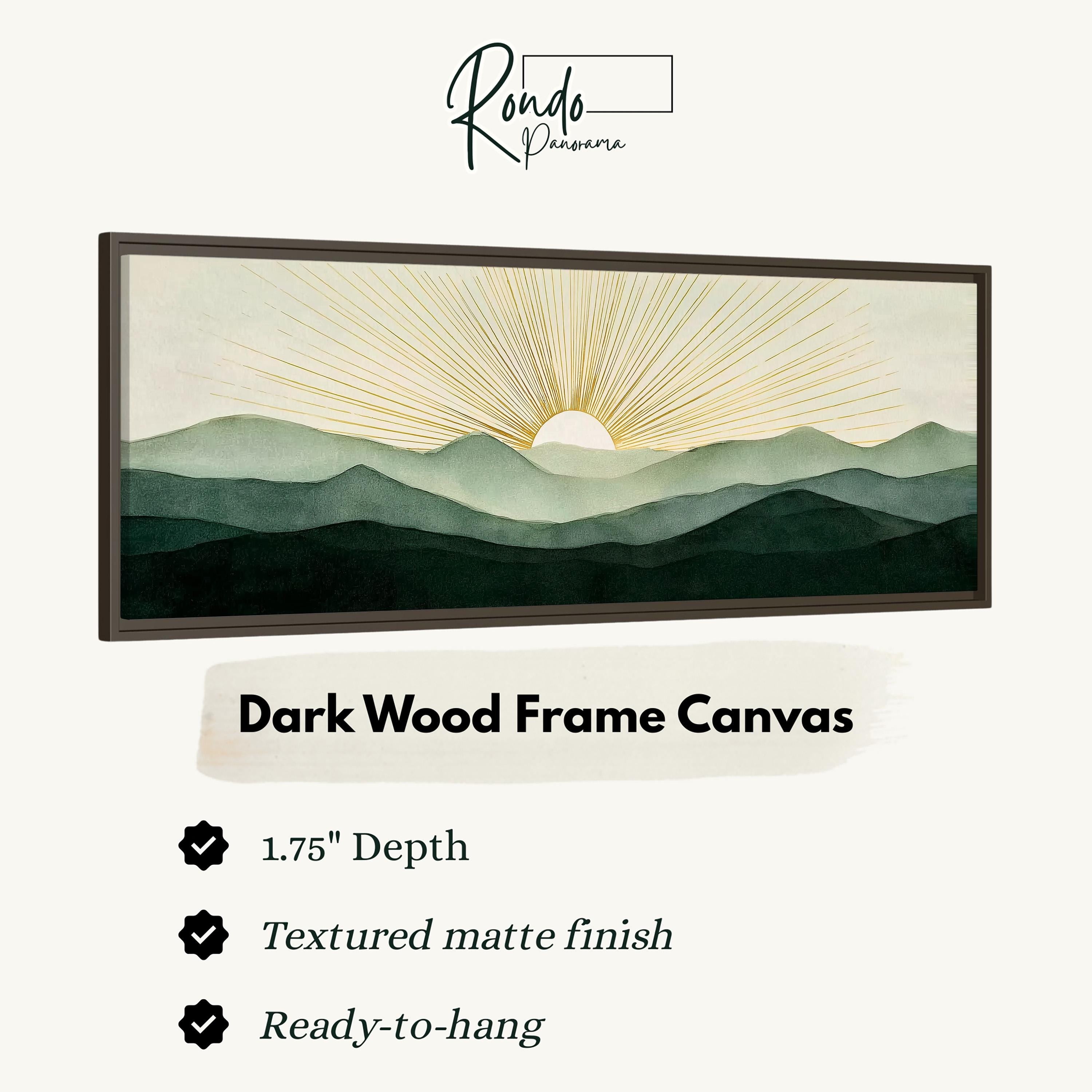 The image is a framed artwork depicting a landscape with mountains and a sun rising over the horizon.